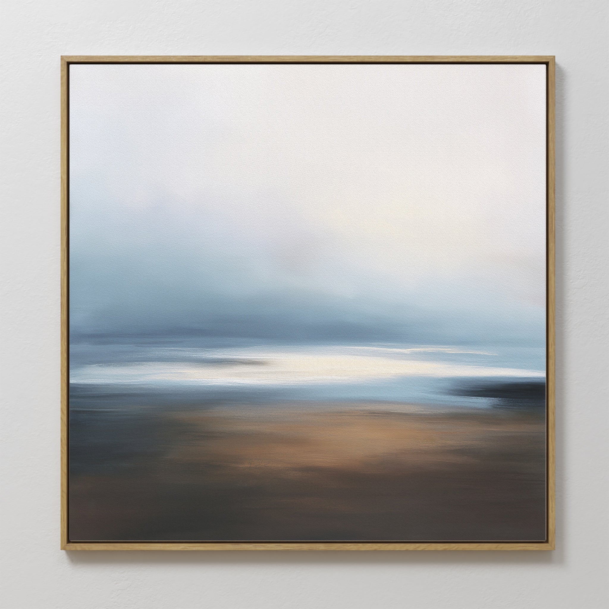 The Blurred Seascape Canvas Art - Square features soft blue, white, and brown gradients, evoking a tranquil misty sky and calm water—ideal as atmospheric wall art for any space.