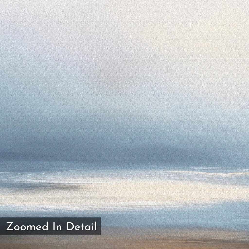 The Blurred Seascape Canvas Art - Square features soft, abstract shades of blue, white, and brown for a tranquil seascape look. "Zoomed In Detail" text appears in the lower left corner.