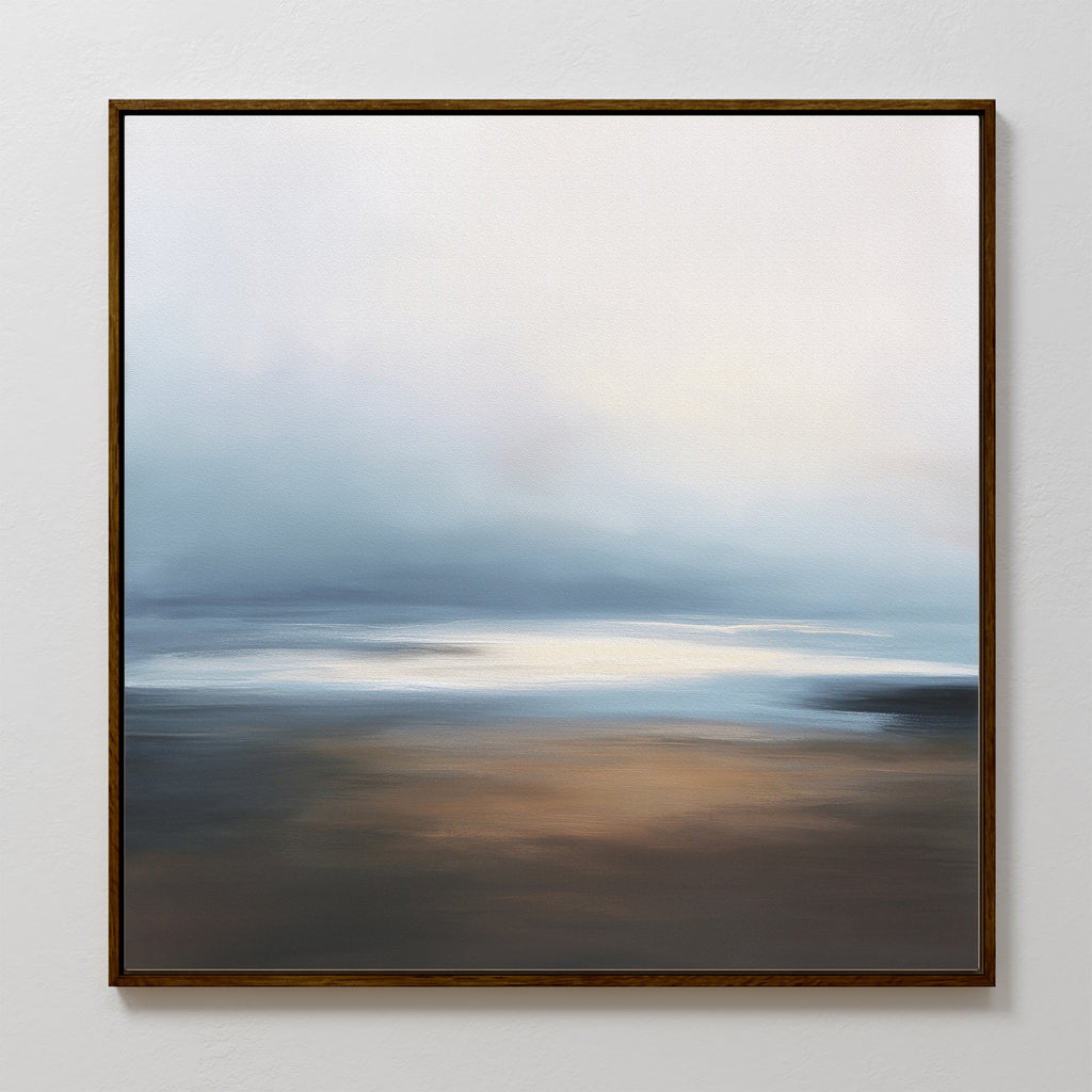 Blurred Seascape Canvas Art - Square features a soft blend of cool blue, white, and beige tones in a thin, dark frame, evoking a dreamy coastal atmosphere with smooth transitions—a perfect choice for seascape-inspired wall decor.