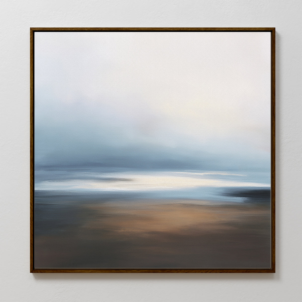 Blurred Seascape Canvas Art - Square features a soft blend of cool blue, white, and beige tones in a thin, dark frame, evoking a dreamy coastal atmosphere with smooth transitions—a perfect choice for seascape-inspired wall decor.