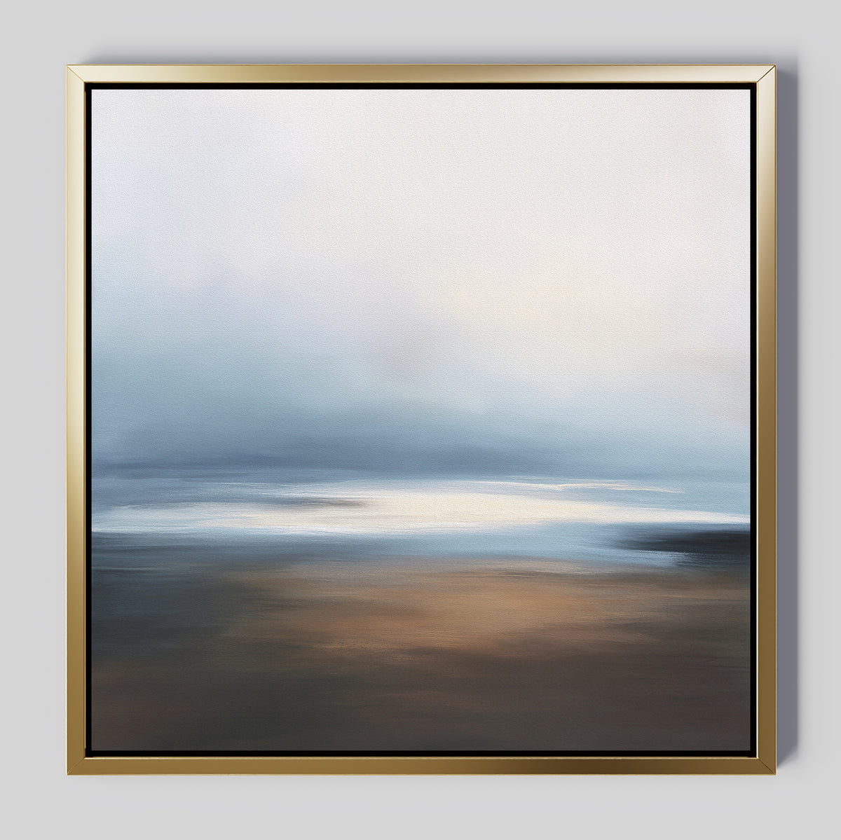 Blurred Seascape Canvas Art - Square: A gold-framed abstract painting with soft blues, whites, browns, and beiges, evoking a serene misty sky and reflective water for a tranquil atmosphere.