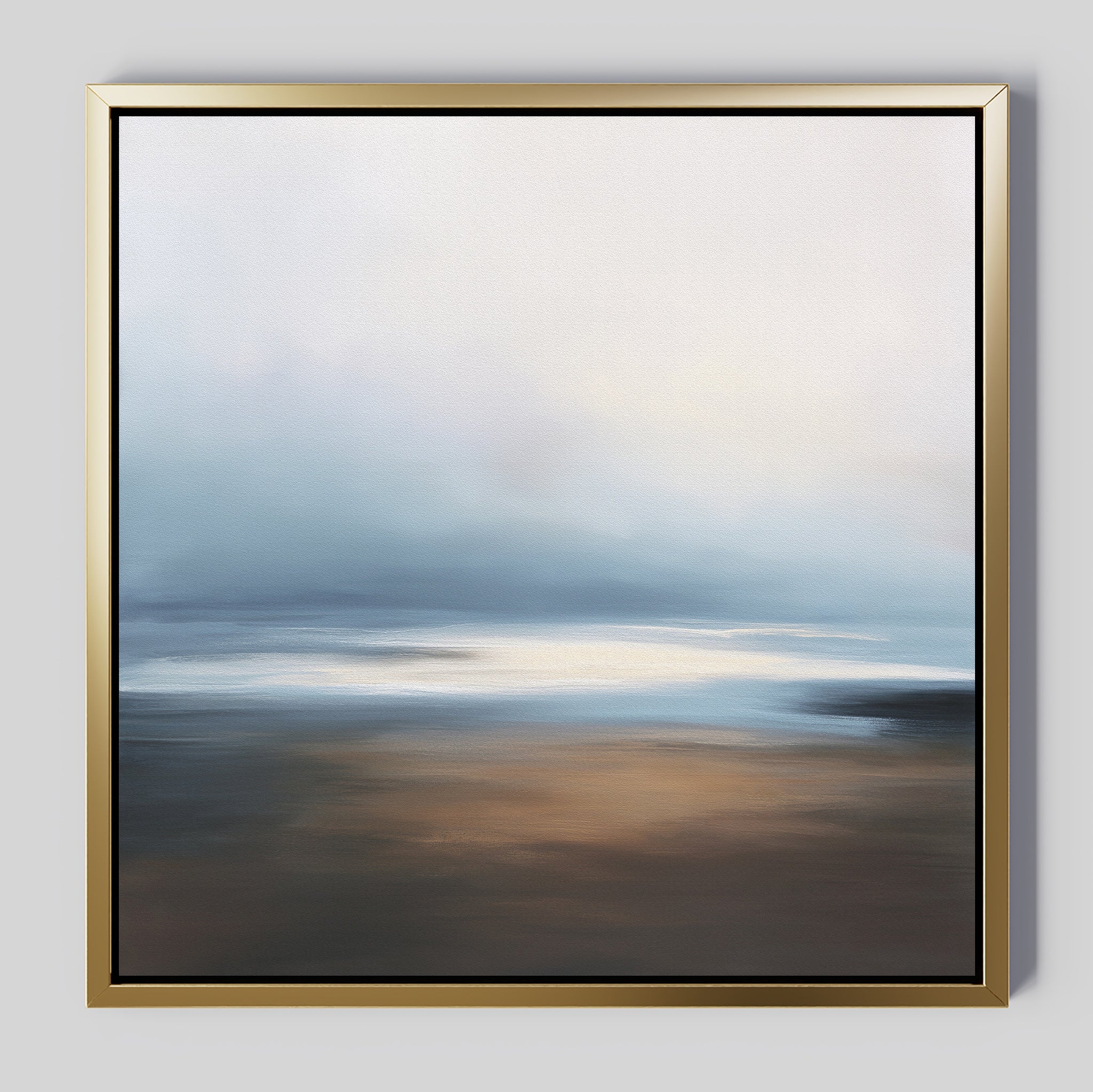Blurred Seascape Canvas Art - Square: A gold-framed abstract painting with soft blues, whites, browns, and beiges, evoking a serene misty sky and reflective water for a tranquil atmosphere.