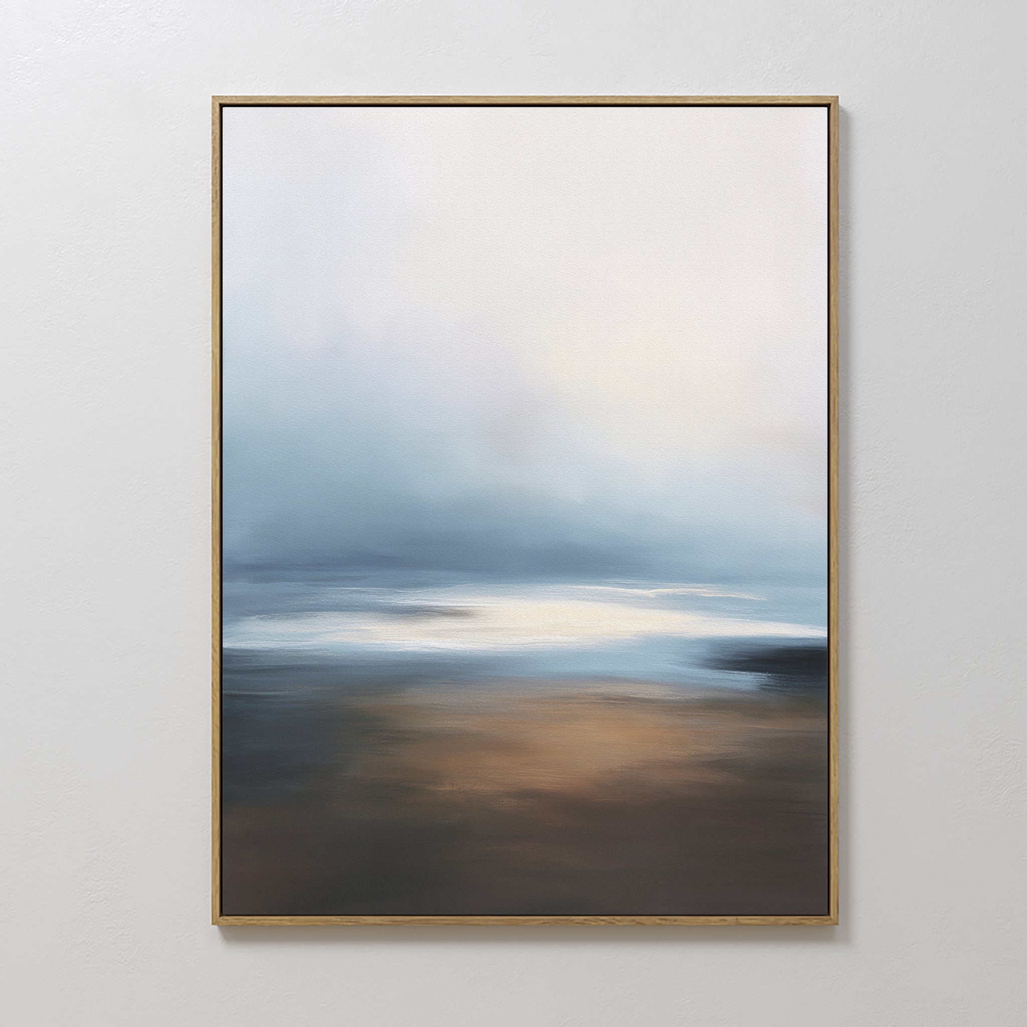 The Blurred Seascape Canvas Art - Vertical features soft blue, white, and brown tones that evoke coastal serenity, resembling an abstract seascape when displayed on a light gray wall.