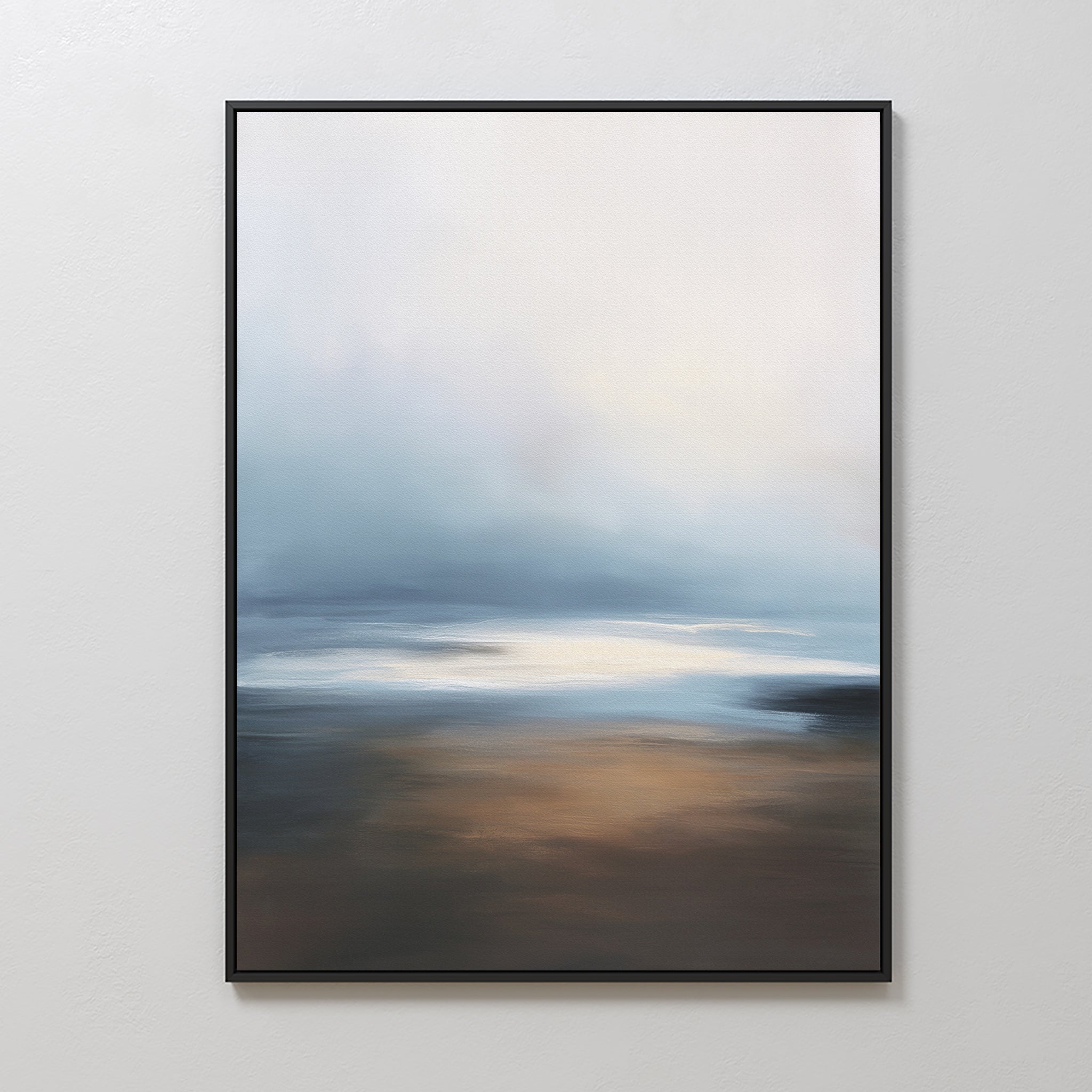 Blurred Seascape Canvas Art - Vertical features soft, blurred blue, white, and brown tones that evoke coastal serenity and a tranquil seascape or landscape beneath a hazy sky, ideal for display on a light-colored wall.