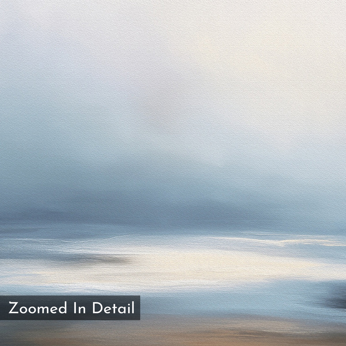 The Blurred Seascape Canvas Art - Vertical features gentle blue, gray, and beige tones blending seamlessly in an abstract style. With a textured canvas effect and "Zoomed In Detail" label, it’s perfect for wall art print lovers seeking coastal serenity.