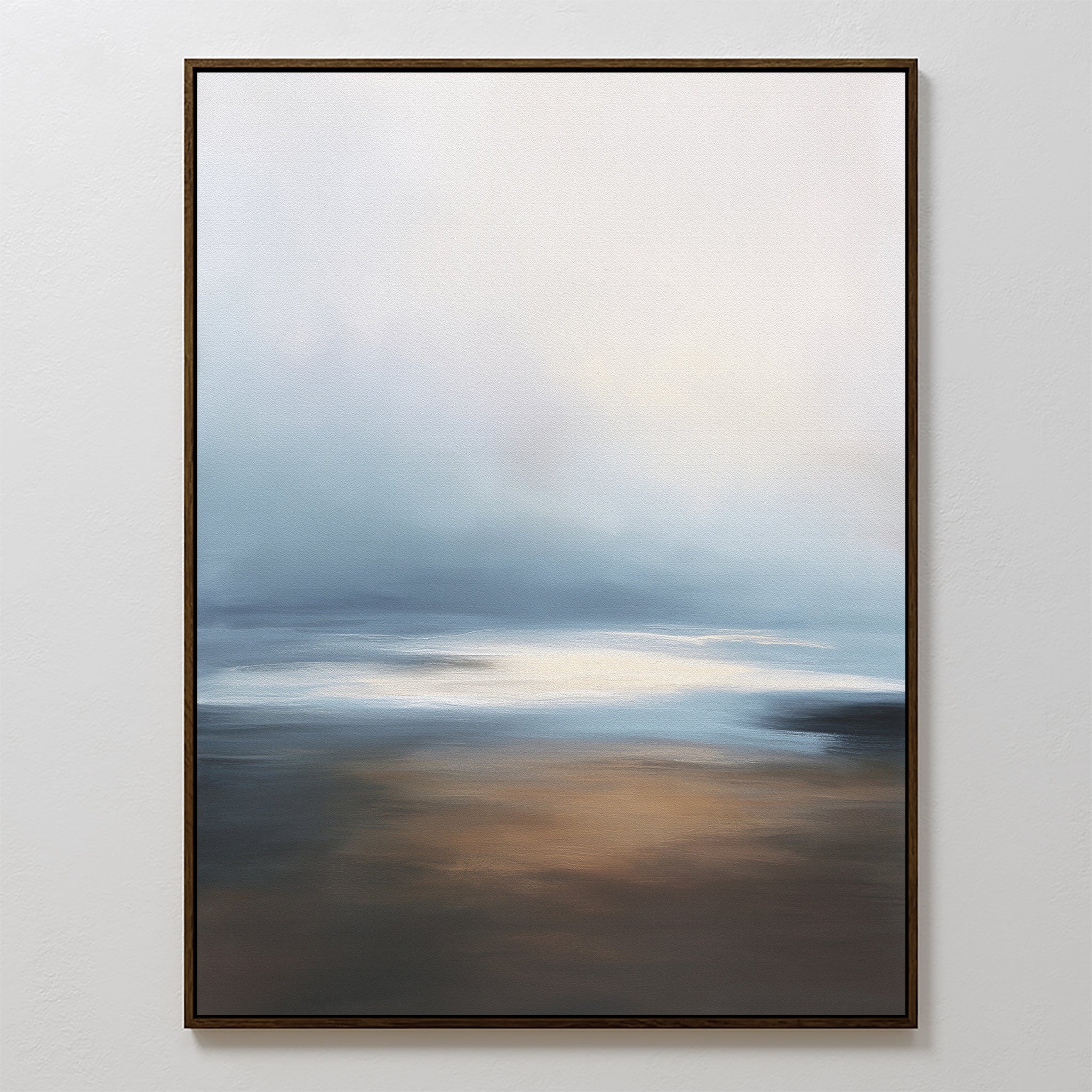 Blurred Seascape Canvas Art - Vertical features a soothing blend of blue, white, and brown tones, evoking a calm horizon and gentle water reflections. Softened edges enhance the coastal serenity of this abstract wall art print.