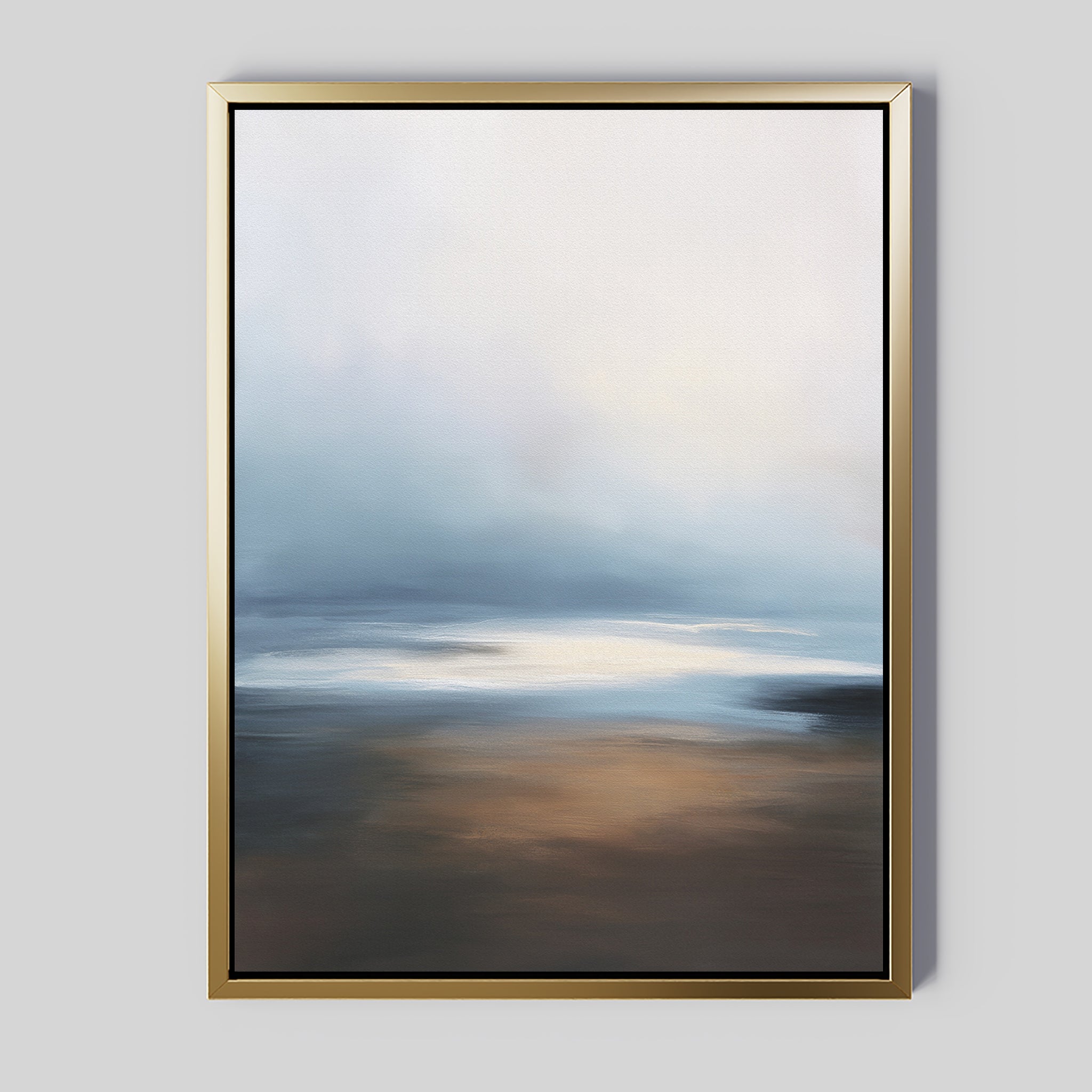 The Blurred Seascape Canvas Art - Vertical features soft, blended hues of blue, white, and brown on a light gray background, evoking coastal serenity with an abstract touch that suggests a tranquil seascape or landscape.