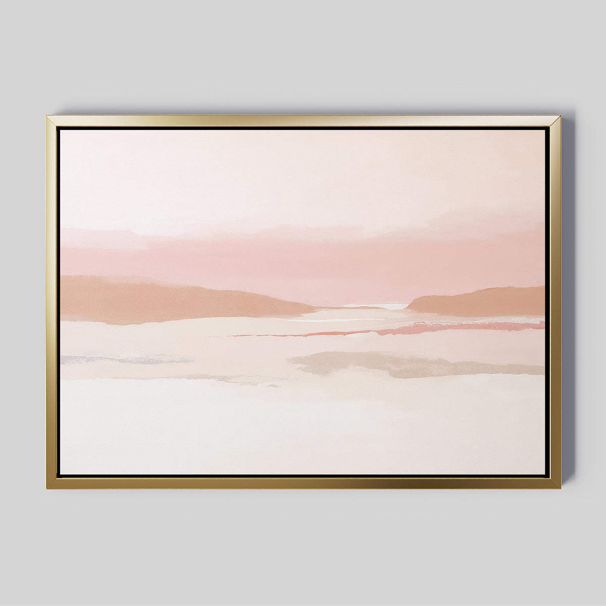 The Blush Mesa Canvas Art - Horizontal showcases a minimalist abstract landscape in soft pink, beige, and white tones. A gold frame with a black inner border enhances the serene design, adding a touch of elegance to your space.
