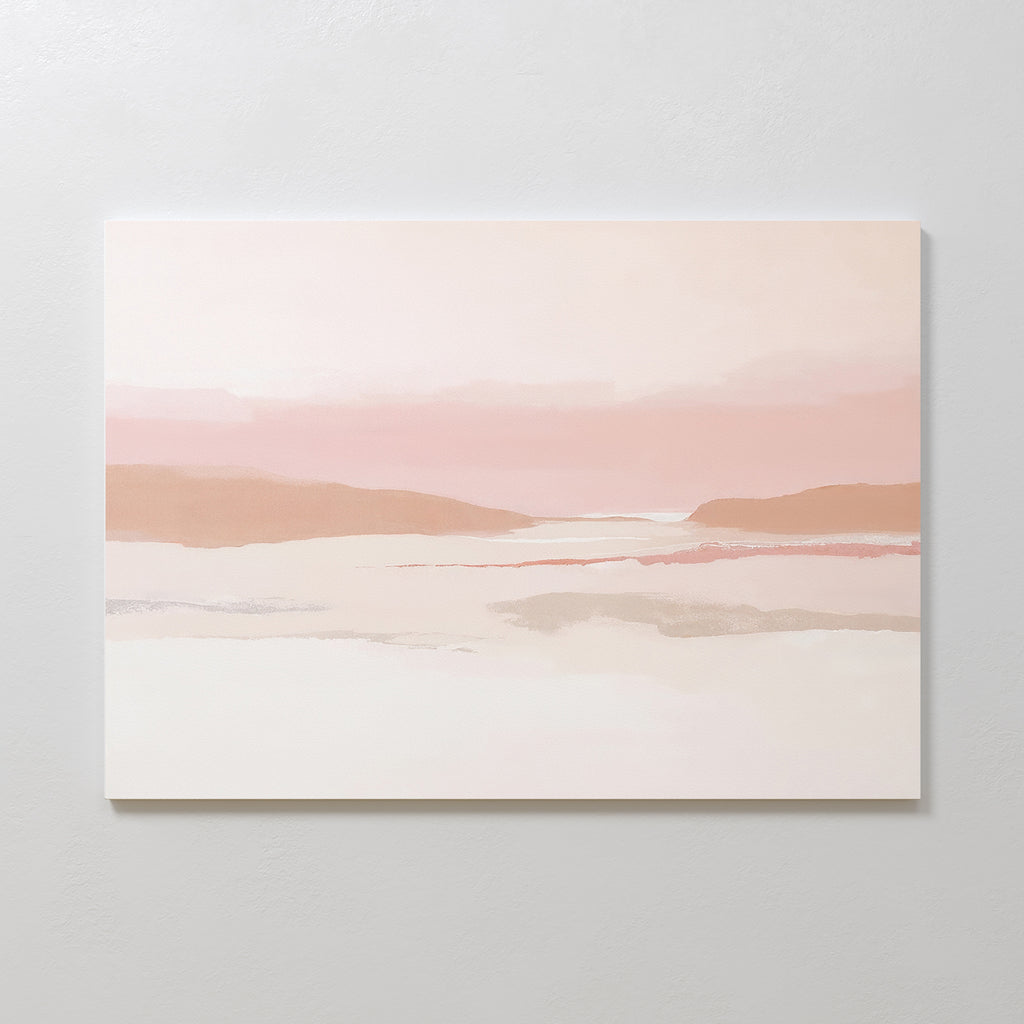 Blush Mesa Canvas Art - Horizontal features minimalist pastel pink, beige, and white abstract hills with a tranquil lake under a hazy sky—perfect for serene earth tone decor on any light-colored wall.
