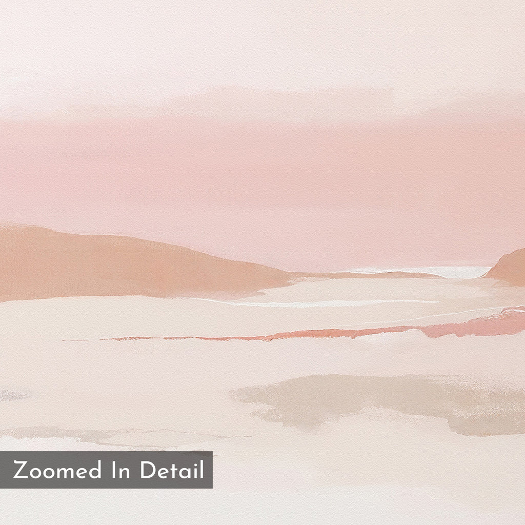 Blush Mesa Canvas Art - Horizontal features a soft, abstract landscape in muted pink and beige tones, with gentle brushstrokes suggesting hills and water. Minimalist wall art with a gray "Zoomed In Detail" label at the bottom left corner.
