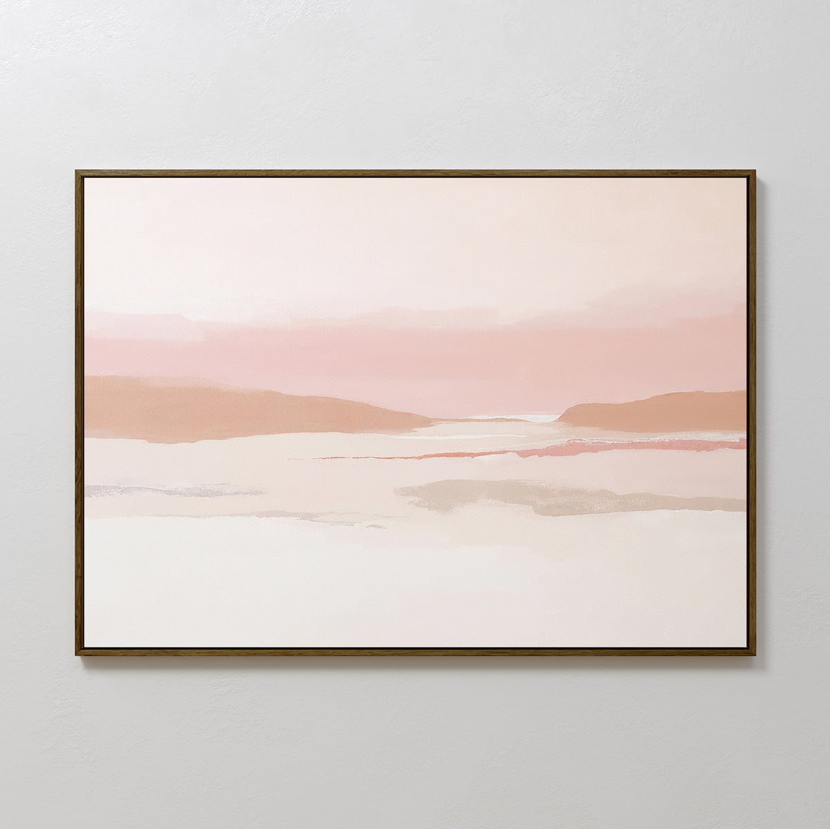 Blush Mesa Canvas Art - Horizontal features a serene landscape in soft pink, peach, and beige earth tones, with hills and calm water—perfect minimalist decor for a light wall, elegantly framed in a simple dark frame.