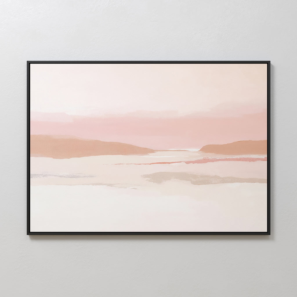 Blush Mesa Canvas Art - Horizontal features a framed serene landscape in muted pinks, beige, and white, with distant hills and a tranquil lake under a hazy sky—ideal minimalist wall art for earth tone decor.