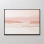Blush Mesa Canvas Art - Horizontal features a framed serene landscape in muted pinks, beige, and white, with distant hills and a tranquil lake under a hazy sky—ideal minimalist wall art for earth tone decor.