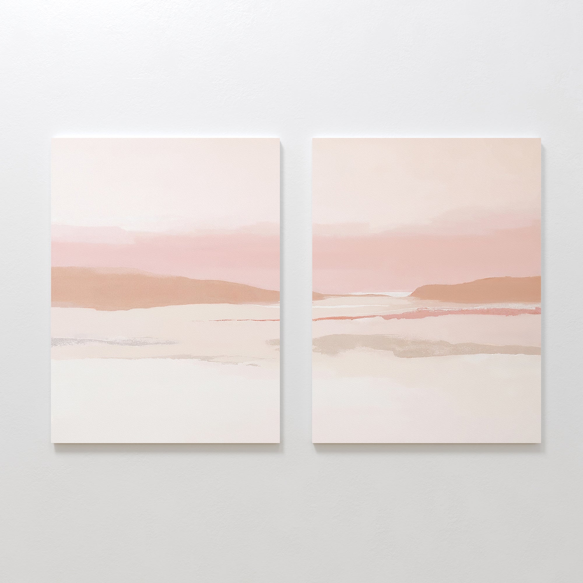 Blush Mesa - Set Of 2: Minimalist wall art pair with soft pink, beige, and white tones. Abstract landscapes suggest a serene seascape or horizon under a pastel sky, featuring simple designs and smooth color transitions.