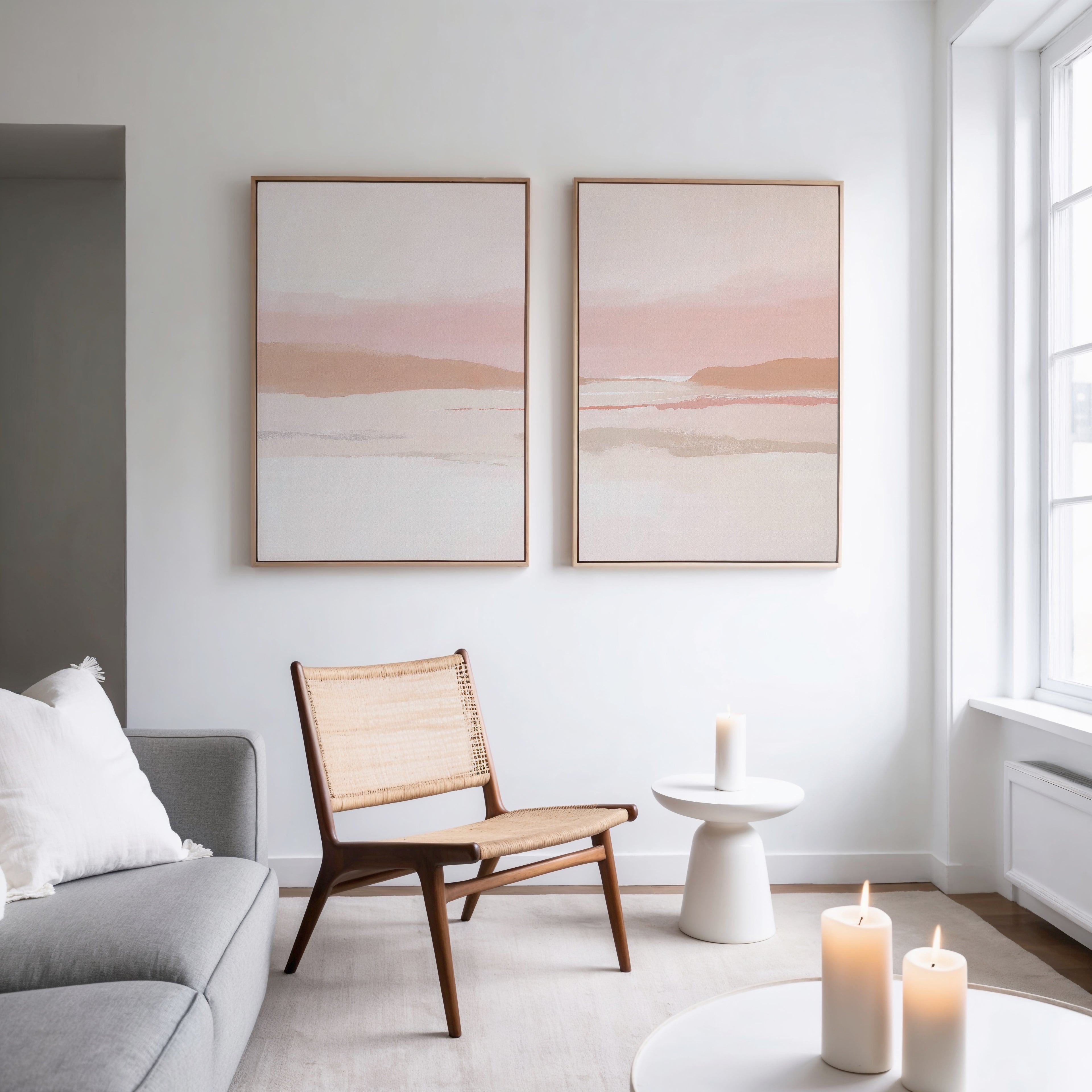 A minimal, modern living room features a gray sofa, woven chair, and small white side table with a lit candle. The Blush Mesa - Set Of 2 landscape prints in soft earth tones hang above, with three more candles on the coffee table.