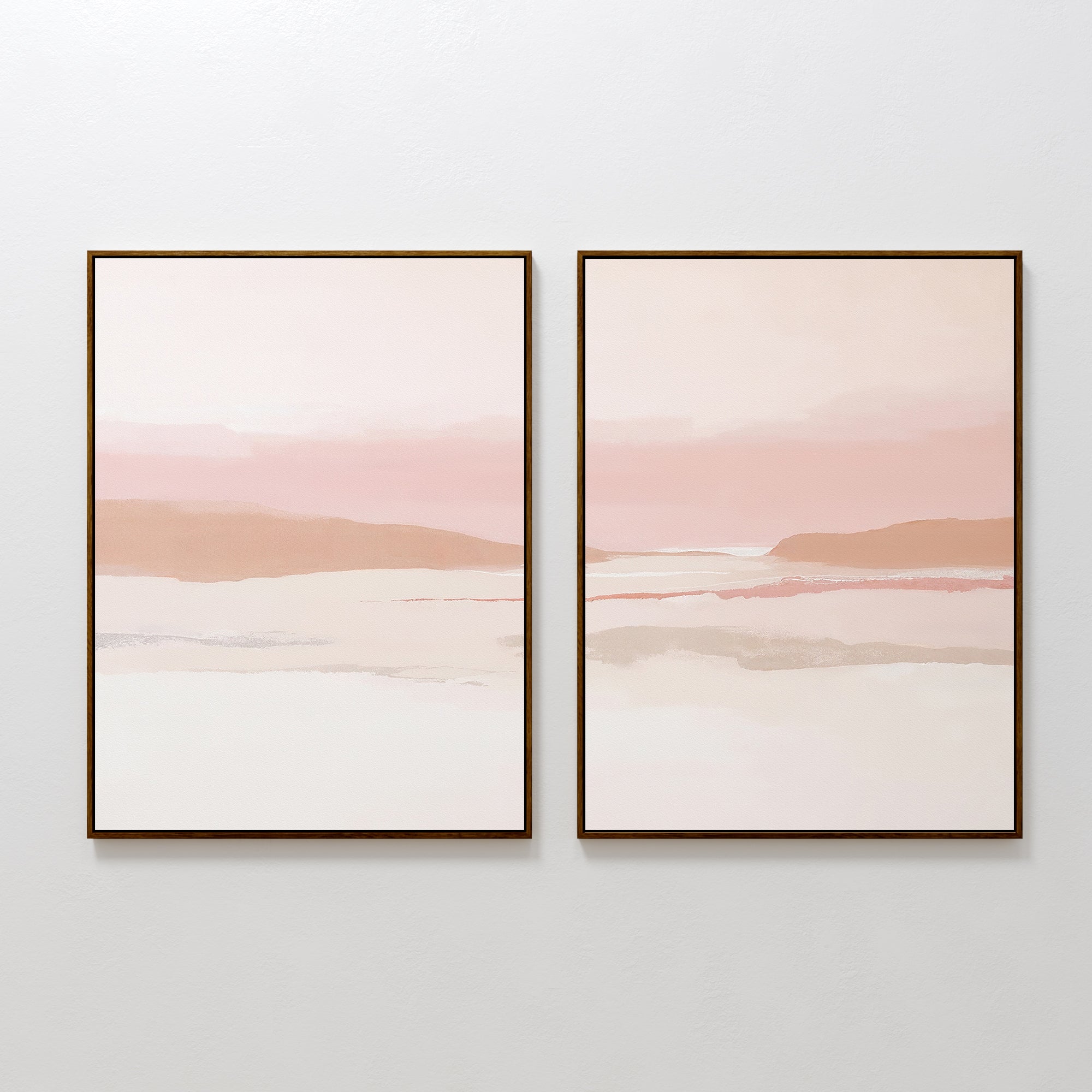 The "Blush Mesa - Set Of 2" features minimalist framed paintings with soft earth tones and pastel pinks, depicting serene landscapes with gentle horizons—ideal wall art for creating a calming, modern space.