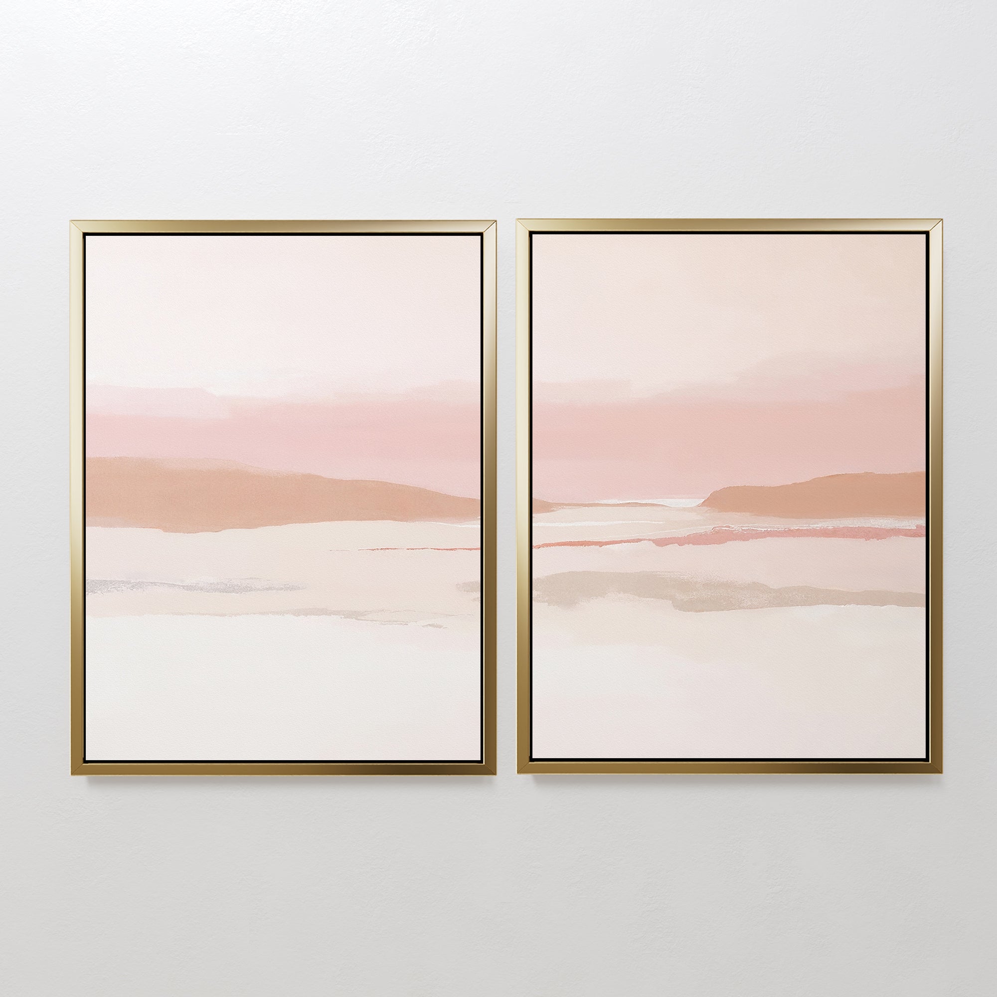 Blush Mesa - Set Of 2 features minimalist wall art in soft pink, beige, and white earth tones with gentle horizontal lines. These framed prints evoke a serene landscape and look stunning side by side on any white wall.