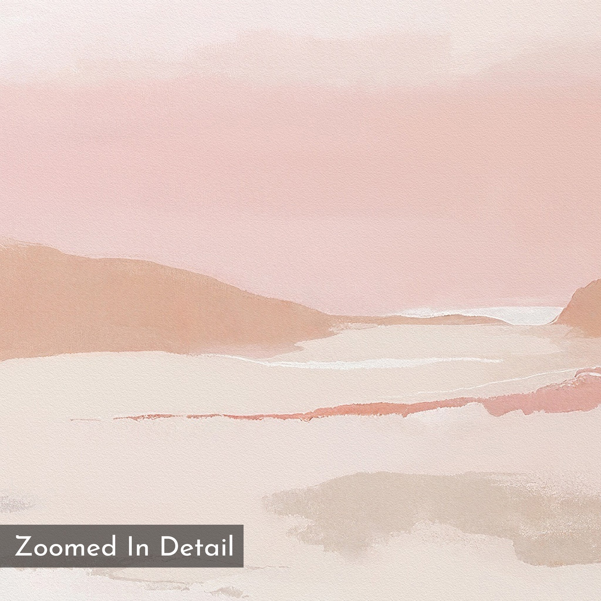 Blush Mesa Canvas Art - Square features a soft pastel abstract landscape with pink, beige, and earth tones, gentle hills, and a hazy sky—ideal as minimalist wall art or a calming landscape print for any space.
