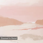 Blush Mesa Canvas Art - Vertical: Features an abstract landscape in soft pink, beige, and brown with blurred mountains and sky. “Zoomed In Detail” is shown in a gray box at the lower left—ideal minimalist wall art.