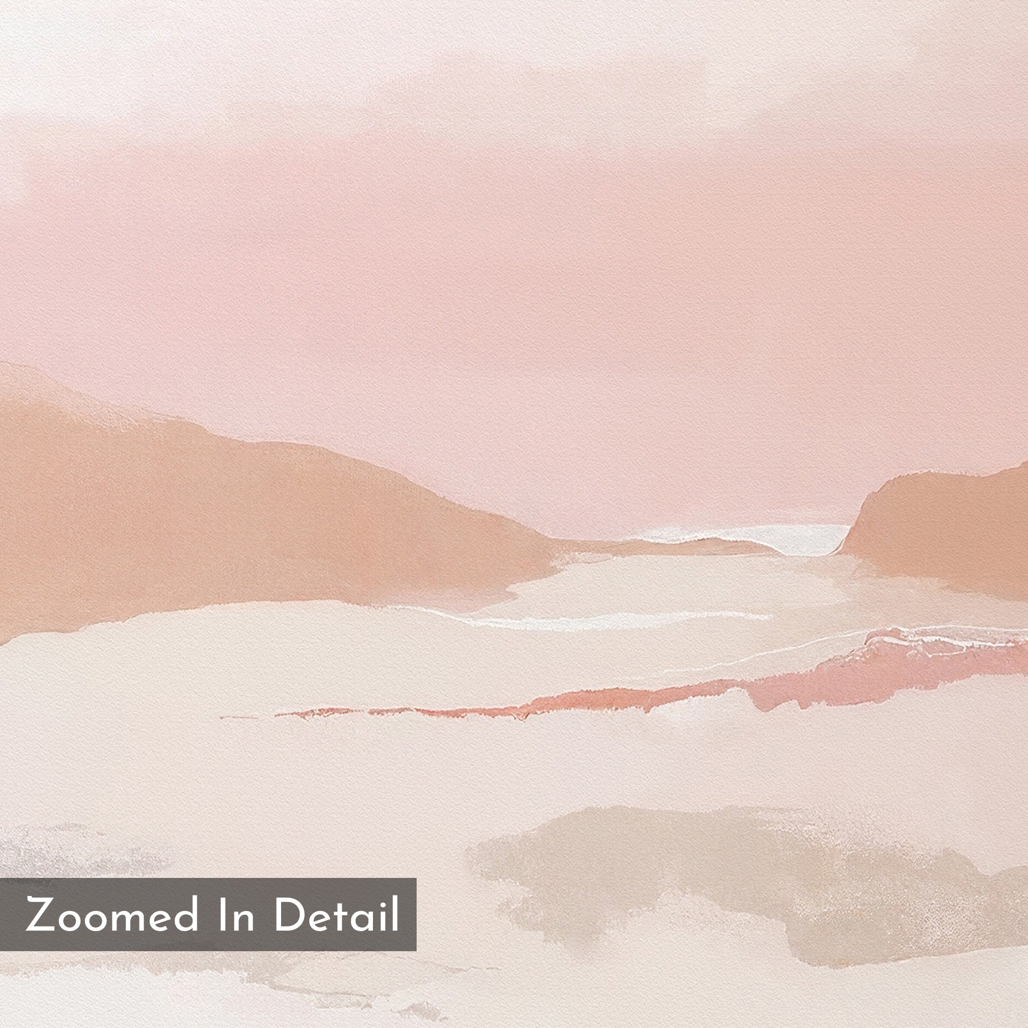 Blush Mesa Canvas Art - Vertical: Features an abstract landscape in soft pink, beige, and brown with blurred mountains and sky. “Zoomed In Detail” is shown in a gray box at the lower left—ideal minimalist wall art.