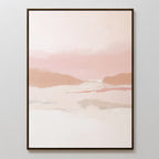 The Blush Mesa Canvas Art - Vertical showcases a minimalist landscape in pastel pink, peach, and beige tones with abstract hills under a cloudy sky, simply framed in dark wood and perfect for light-colored walls.
