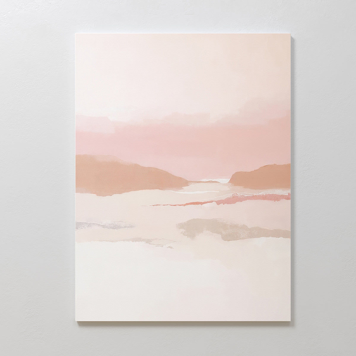 The Blush Mesa Canvas Art - Vertical features soft earth tones of pink, beige, and tan in a minimalist landscape, depicting gentle hills and a calm sky for a serene atmosphere.