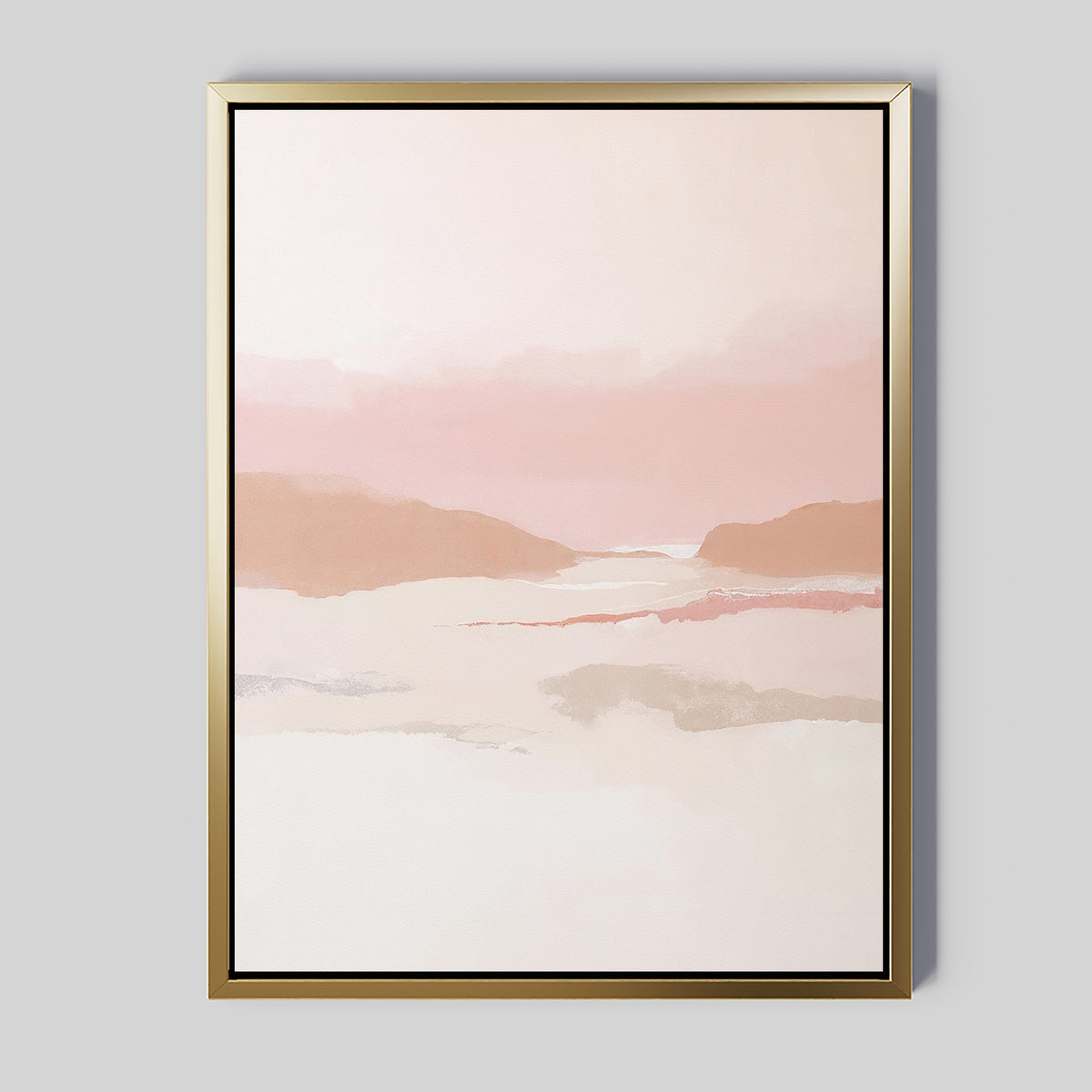 Blush Mesa Canvas Art - Vertical: This minimalist wall art features a serene abstract landscape in soft pink, beige, and white earth tones. A metallic gold frame enhances its tranquil elegance, making it a refined addition to any space.