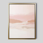 Blush Mesa Canvas Art - Vertical: This minimalist wall art features a serene abstract landscape in soft pink, beige, and white earth tones. A metallic gold frame enhances its tranquil elegance, making it a refined addition to any space.