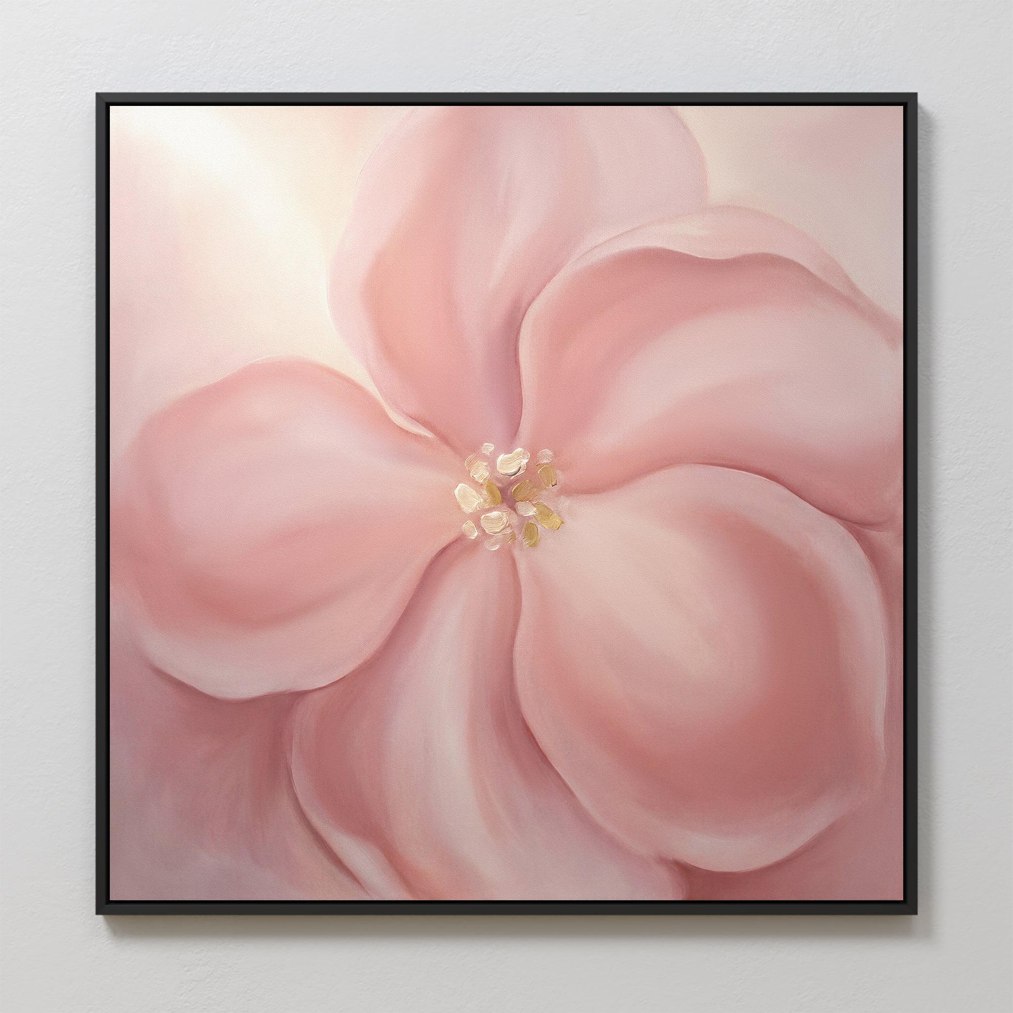 The Blushing Magnolia Canvas Art - Square showcases a soft pink magnolia with five overlapping petals and pale stamens on a pastel background, making it an ideal piece of romantic wall art.
