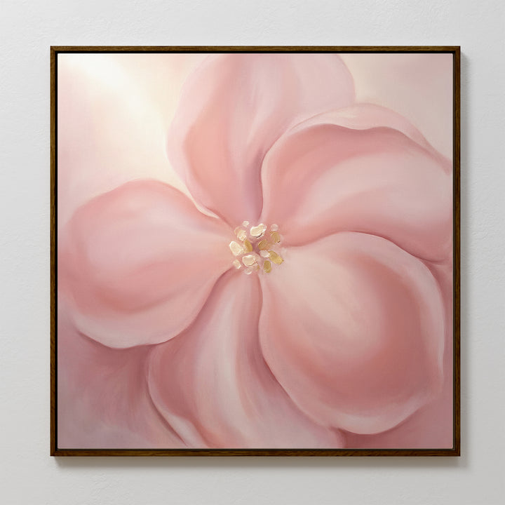 Blushing Magnolia Canvas Art - Square features a soft pink magnolia with delicate petals and a pale background, adding romantic elegance to your white wall.