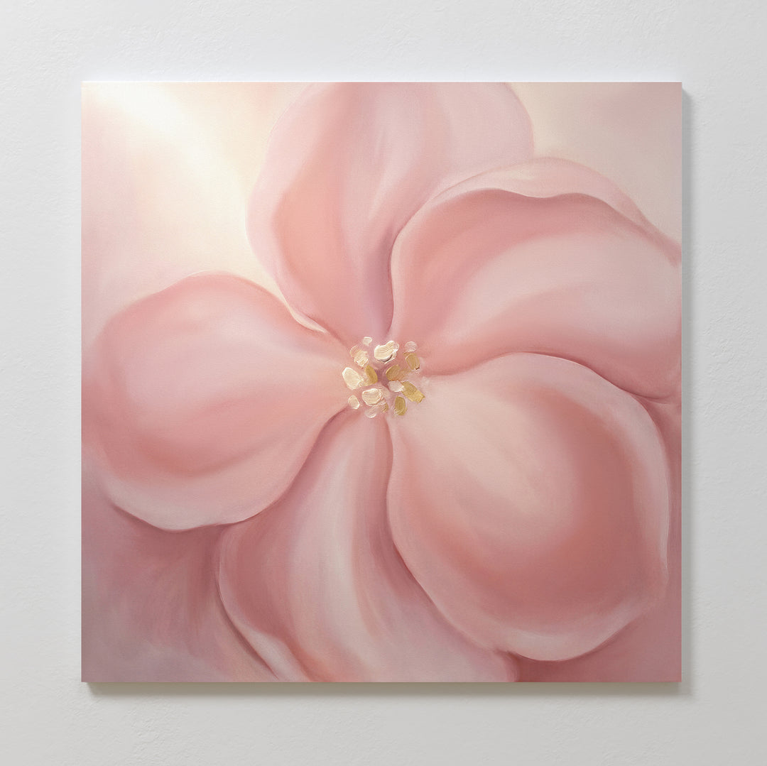 The Blushing Magnolia Canvas Art - Square features a soft, pastel pink magnolia with large curved petals, subtle highlights, and gentle shadows for a dreamy, romantic touch—ideal as elegant wall art.
