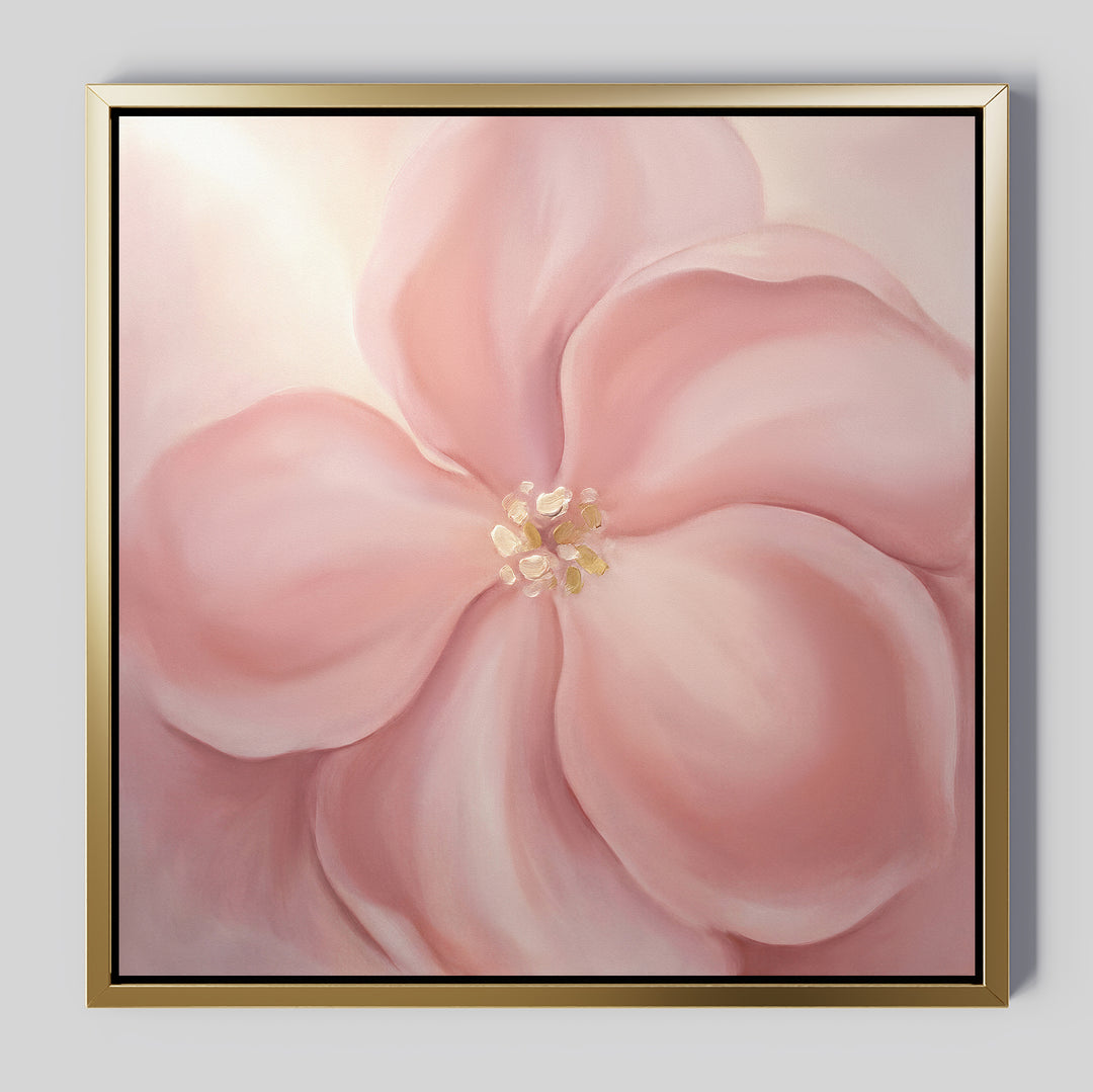 The Blushing Magnolia Canvas Art - Square features a soft pink magnolia with delicate petals and yellow-white stamens on a light background—perfect as romantic wall décor.