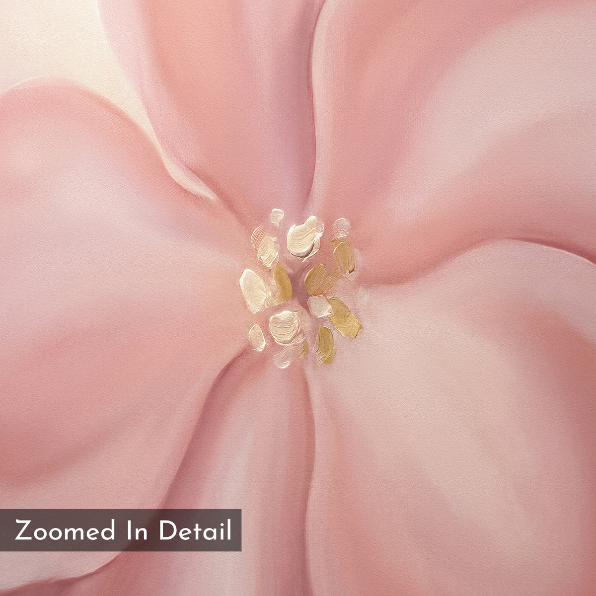 A close-up of the Blushing Magnolia Canvas Art - Vertical reveals delicate, blended pink petals with a soft yellow-white center and smooth painted texture. "Zoomed In Detail" is written in the lower left corner.