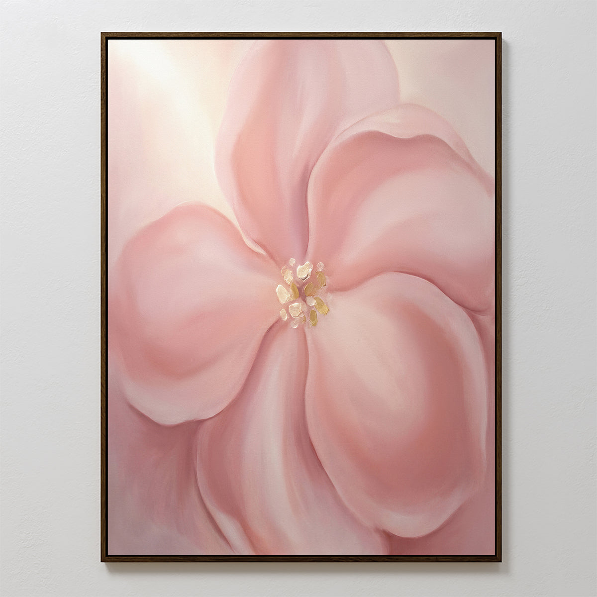 The Blushing Magnolia Canvas Art - Vertical displays a soft pink magnolia with large petals and a yellow-white center on a light background. This delicate, abstract piece is ideal romantic wall art for any space.