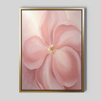 Blushing Magnolia Canvas Art - Vertical showcases a soft pink magnolia with five large petals and a creamy center, framed in gold against a light gray background—ideal for adding romantic charm to any wall.