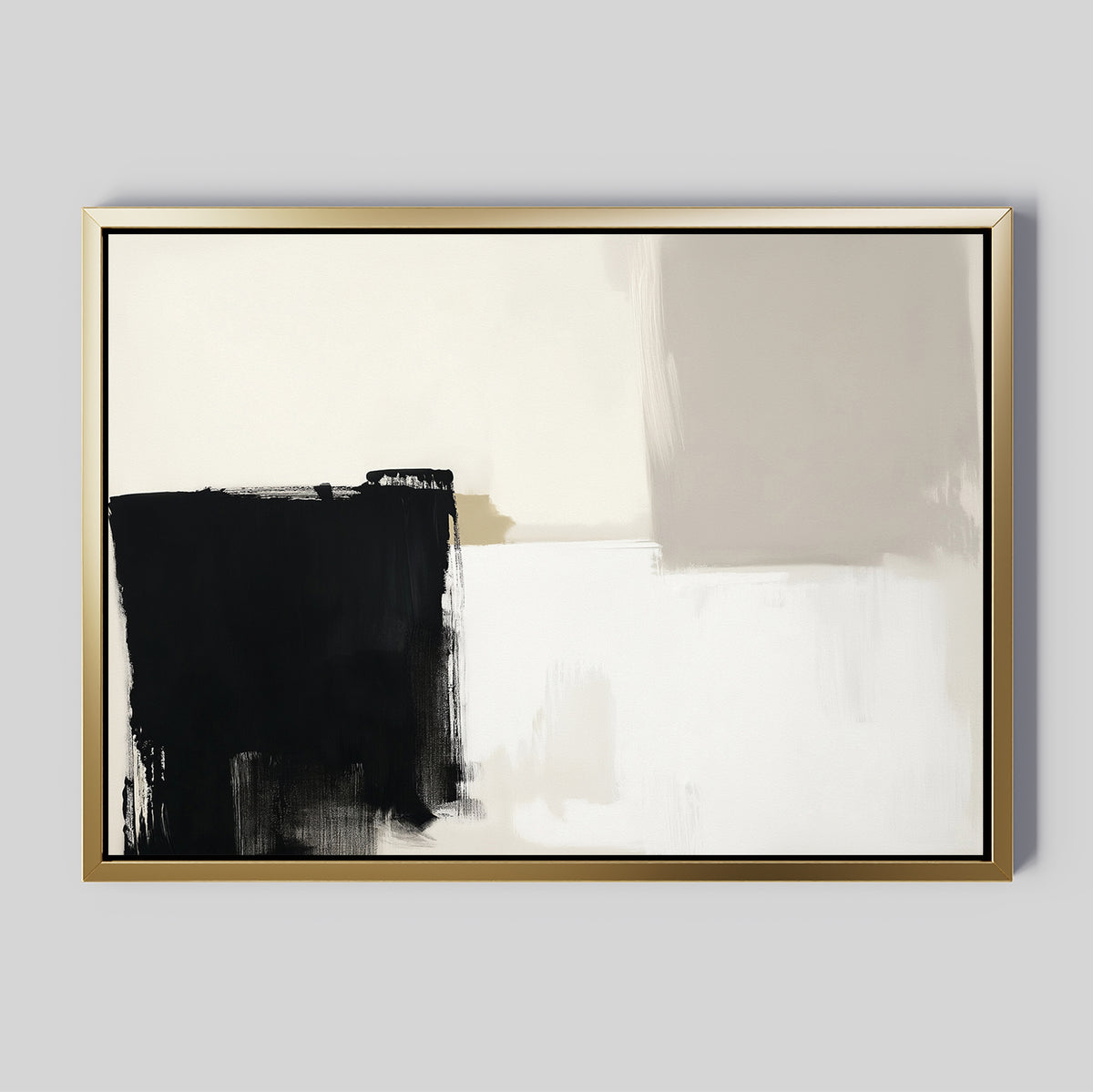 Bold Division Canvas Art - Horizontal features bold black and off-white blocks, light gray areas, and soft blending in a thin gold frame. This contemporary print brings strong contrast and minimalistic style to modern living rooms.