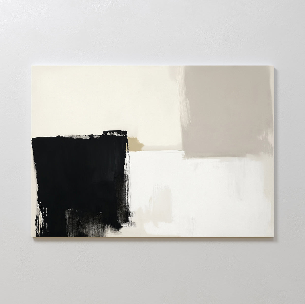 Bold Division Canvas Art - Horizontal features bold black brushstrokes merging into beige and off-white tones, with geometric shapes and soft edges—perfect for modern living rooms seeking a subtle Nordic Park-inspired look.