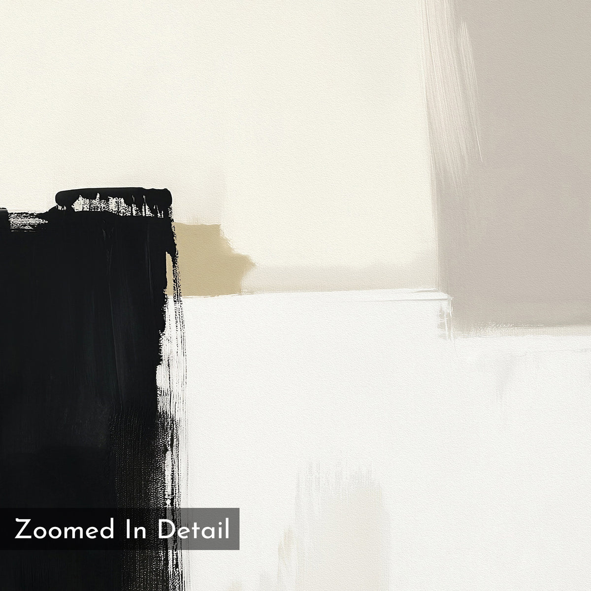 The Bold Division Canvas Art - Horizontal features bold black, beige, and gray brushstrokes on white with visible paint texture and "Zoomed In Detail" in the lower left corner—perfect for modern living rooms.