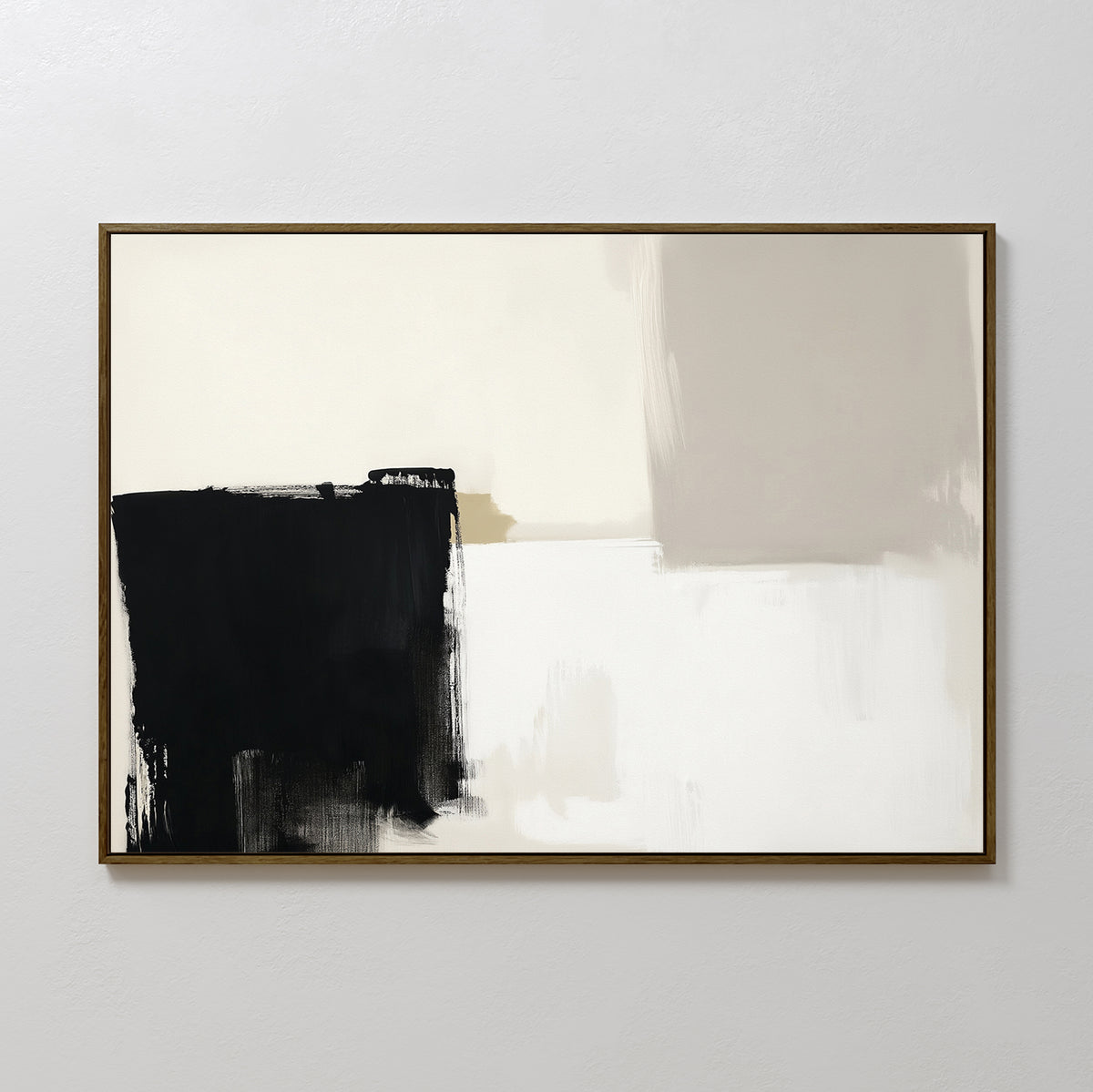Bold Division Canvas Art - Horizontal showcases a striking black brushstroke block on the lower left, blending into off-white and beige on the right and top—perfect for modern living rooms, framed in a thin dark frame against a light wall.