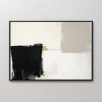 Bold Division Canvas Art - Horizontal features large blocks of black, white, beige, and cream with bold textured strokes. This minimalist print comes in a thin black frame—ideal for modern living rooms.
