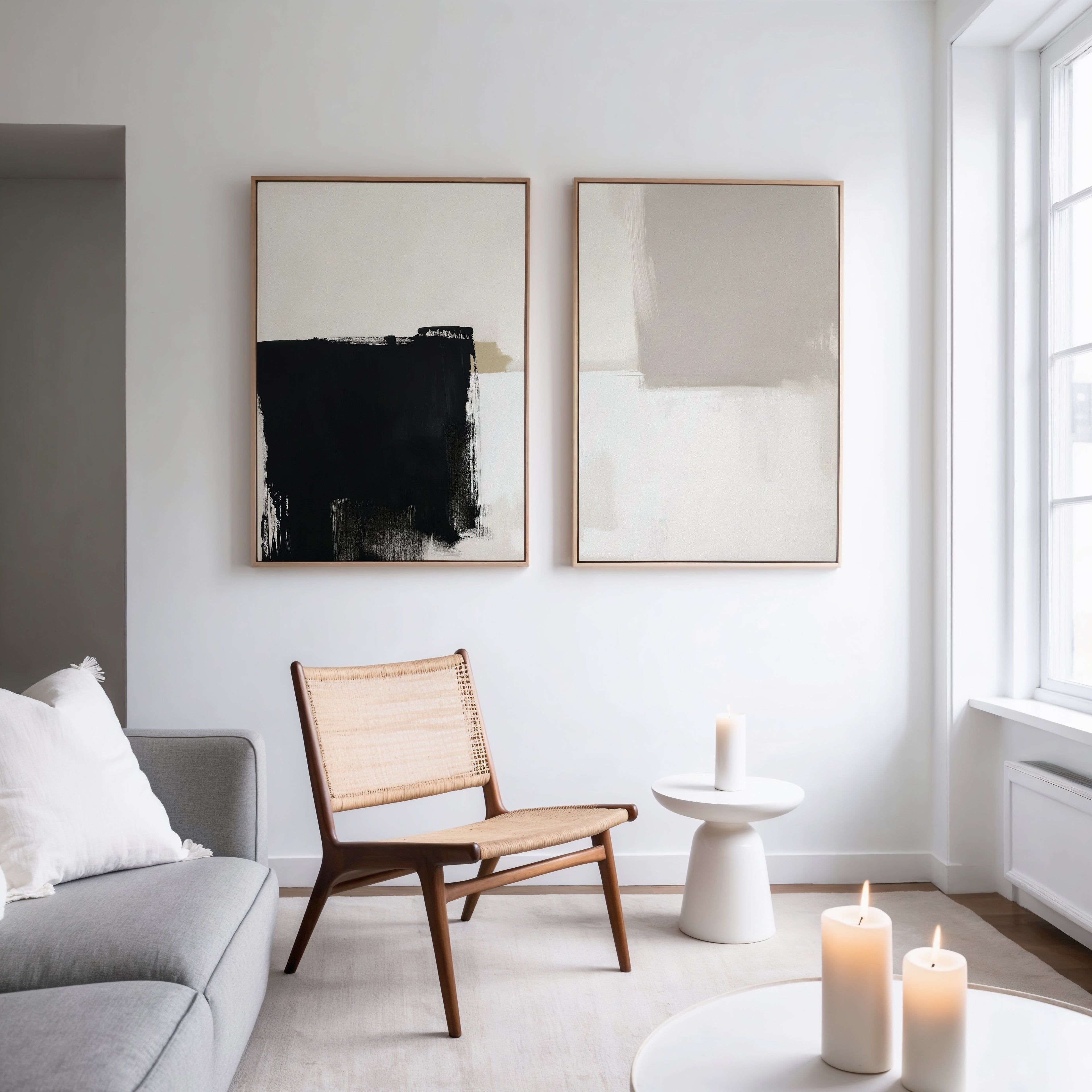 A modern minimalist living room features a woven chair, small white table, candles, and gray sofa. Two Bold Division - Set Of 2 art pieces in neutral tones hang on the wall as natural light streams in from a large window.