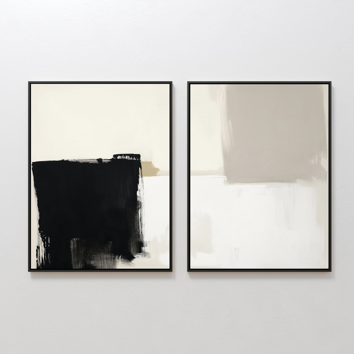 Bold Division - Set Of 2: Two minimalist abstract prints, perfect for modern living rooms. The left showcases bold black and beige strokes; the right displays soft beige and gray shapes—both simple yet striking.