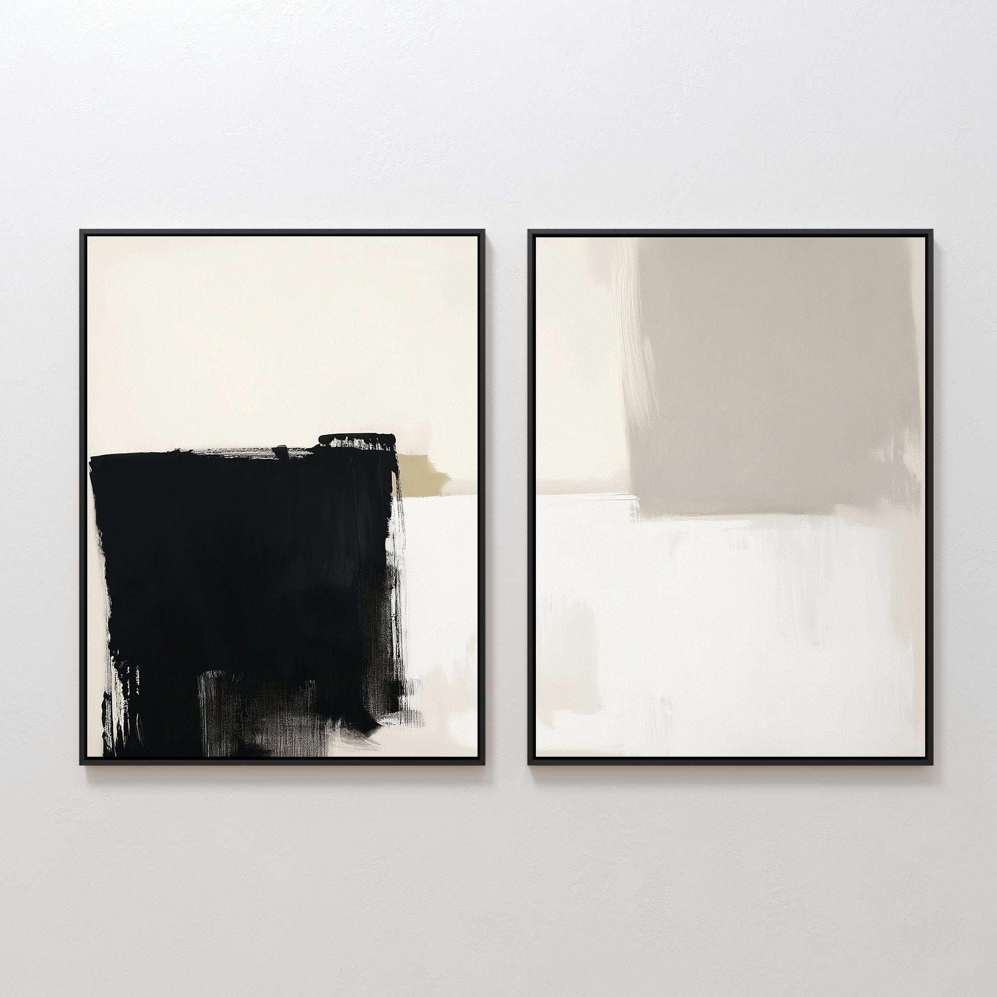 Bold Division - Set Of 2: Two minimalist abstract prints, perfect for modern living rooms. The left showcases bold black and beige strokes; the right displays soft beige and gray shapes—both simple yet striking.