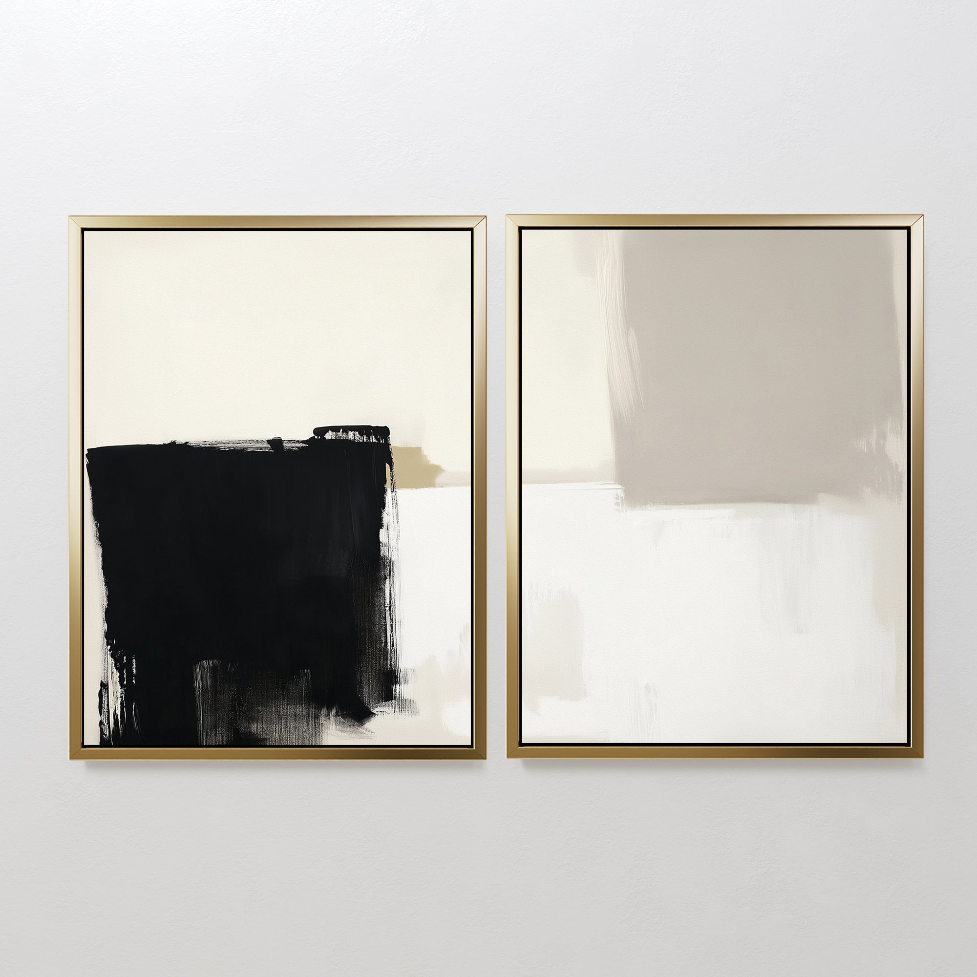Bold Division - Set Of 2: Framed abstract prints for modern spaces, one with striking black and beige brushstrokes, the other showcasing soft beige and white hues—ideal contemporary wall art for your living room.