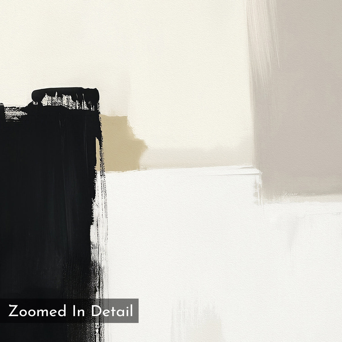 Bold Division Canvas Art - Square features bold black, beige, and white brushstrokes on a textured canvas. Ideal as a contemporary print to elevate modern living rooms. A small label in the corner reads Zoomed In Detail.