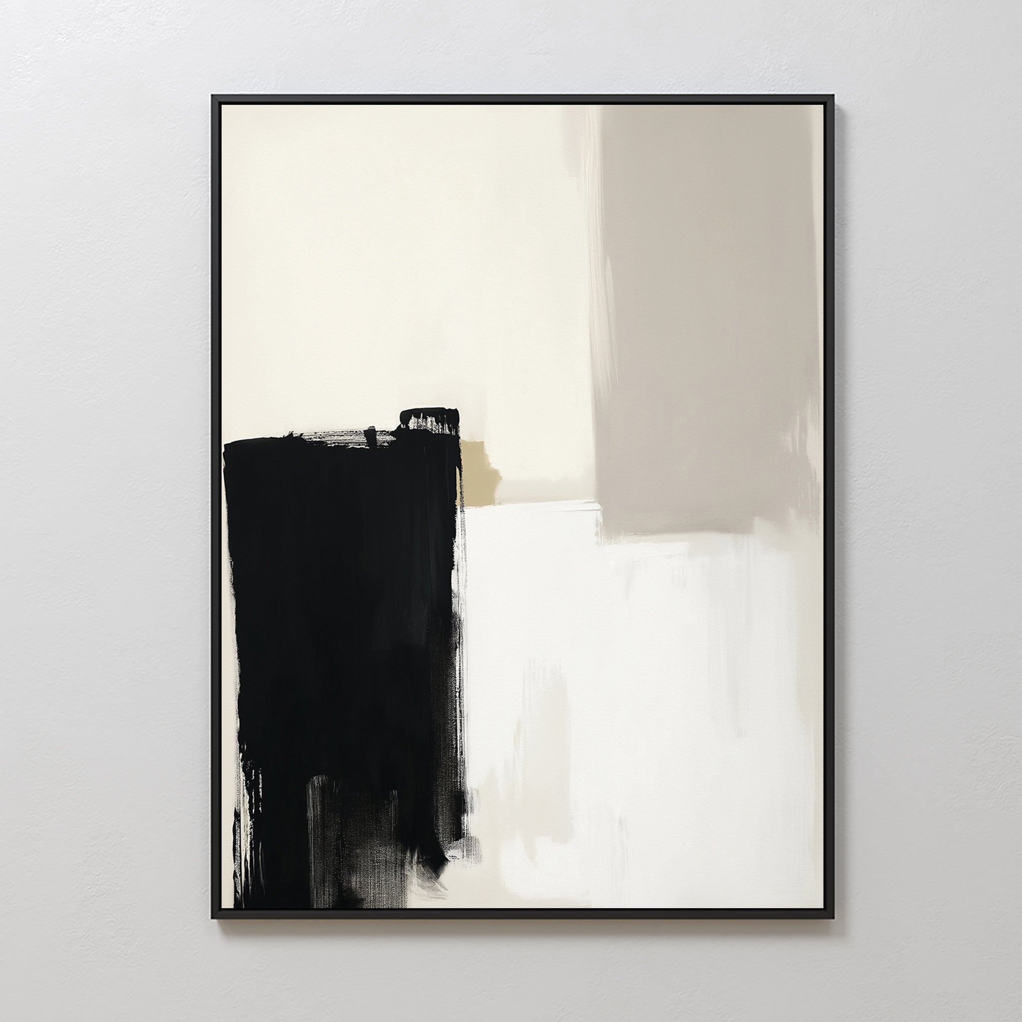 Bold Division Canvas Art - Vertical features bold black brushstrokes on beige and off-white, framed in thin black—ideal for adding a modern touch to minimalist bedrooms or living rooms with plain white walls.