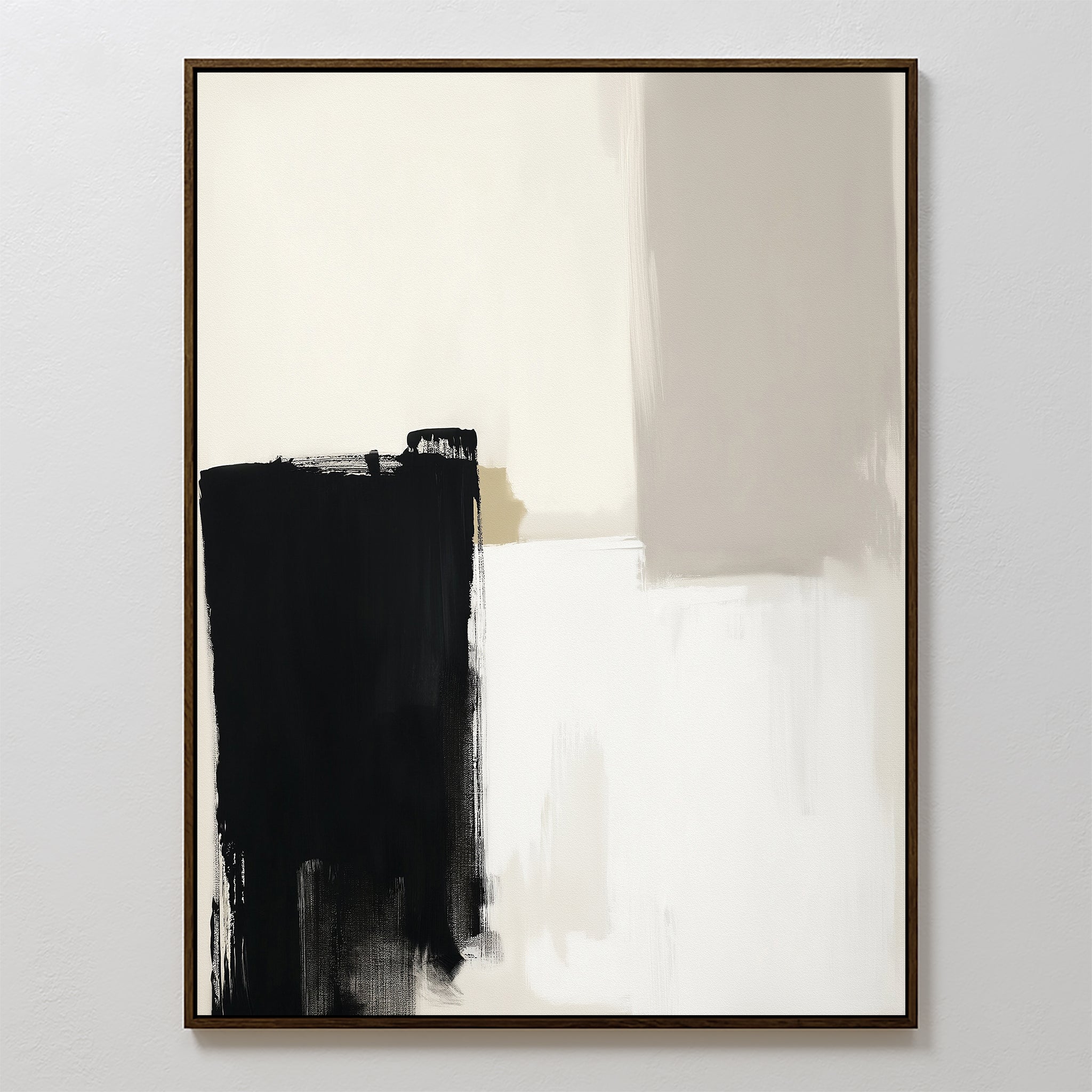 Bold Division Canvas Art - Vertical features a striking black rectangle on the left fading into beige and white, creating a minimalist look. Perfect for modern living rooms, this contemporary print comes in a simple frame with bold, expressive brushstrokes.