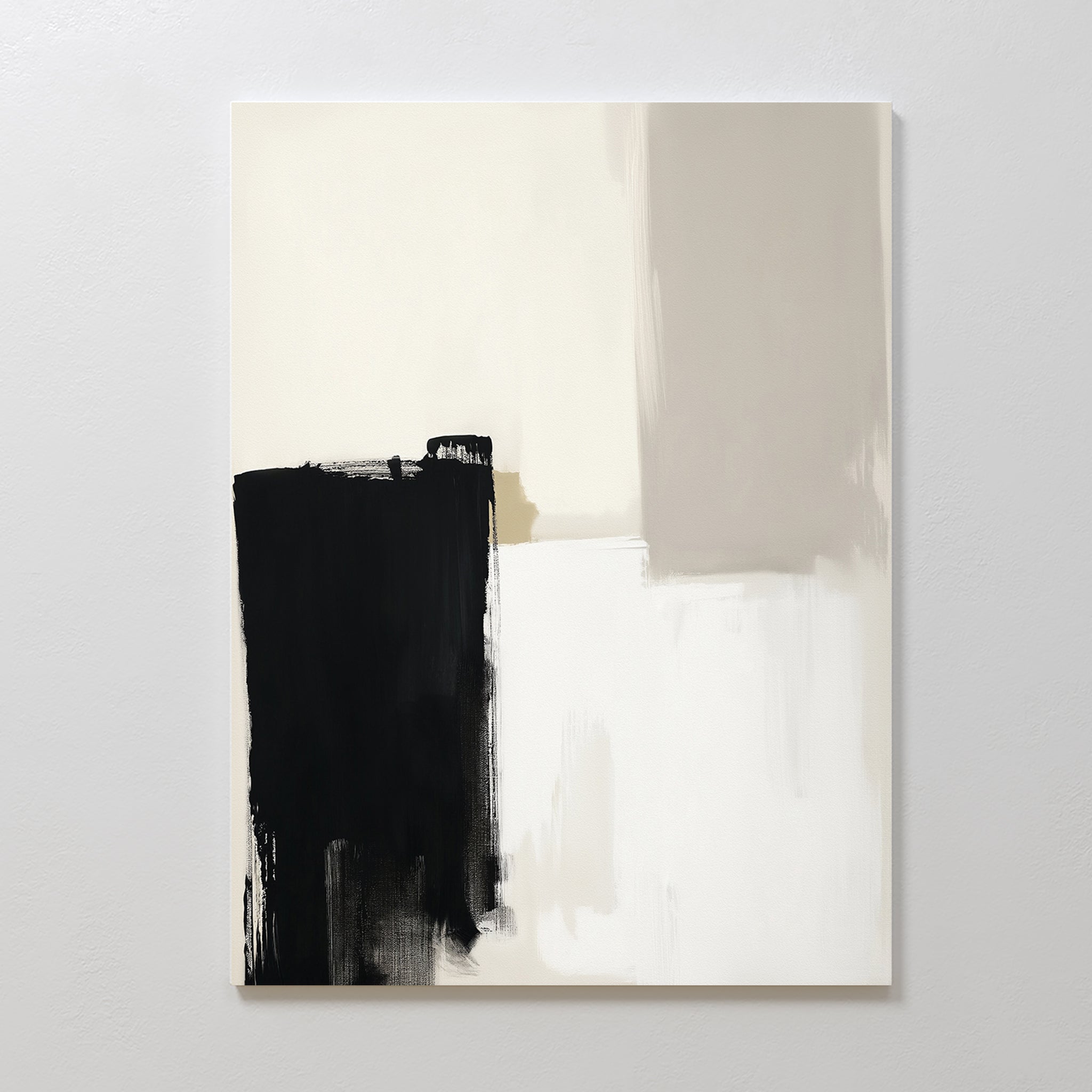 Bold Division Canvas Art - Vertical features striking black, beige, and white brushstrokes in geometric shapes on a light background—ideal as a contemporary print for modern living rooms or minimalist bedrooms.