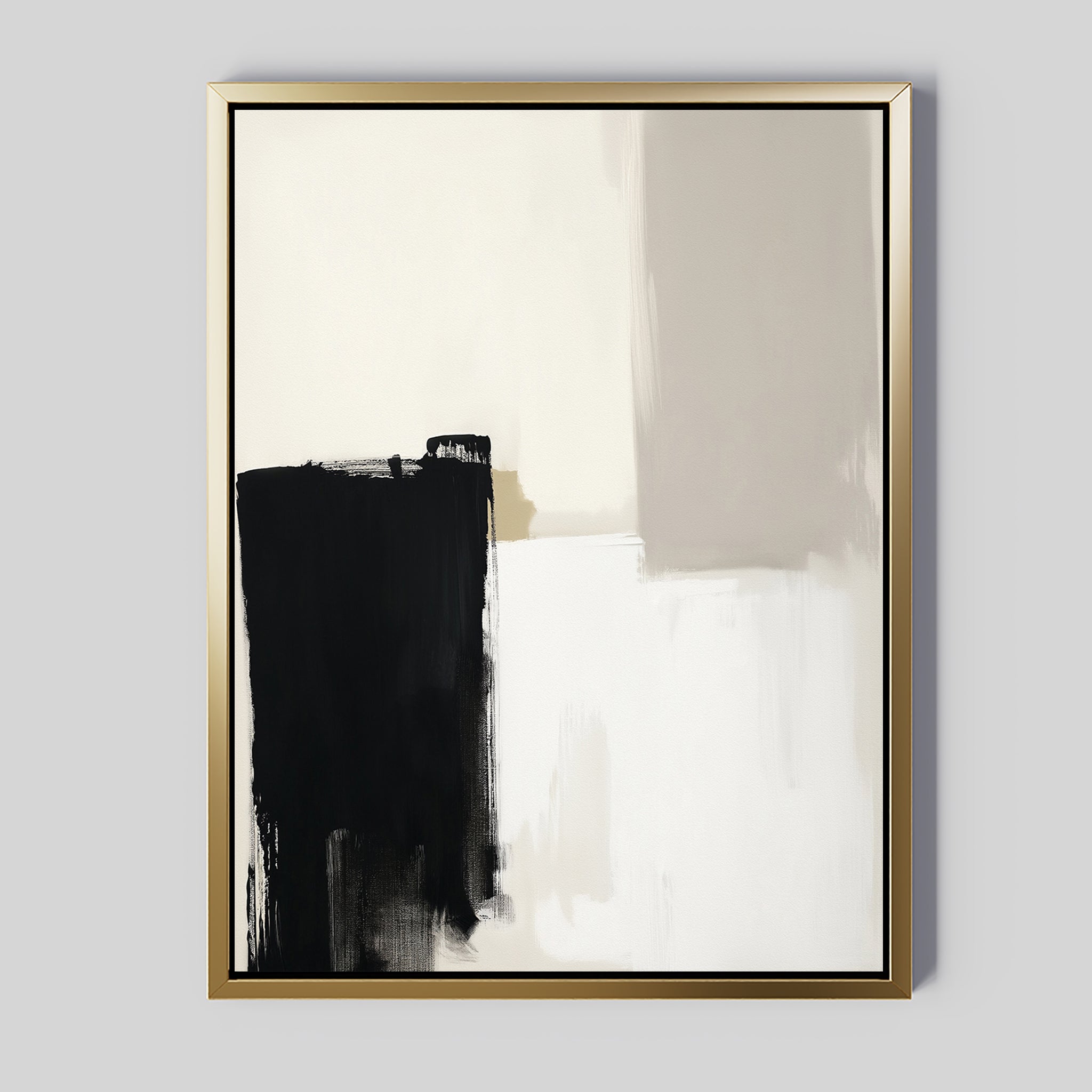 Bold Division Canvas Art - Vertical features bold black, white, and beige brushstrokes framed in gold. A dynamic black shape on the left balances lighter hues on the right, making it a perfect contemporary accent for modern living spaces.