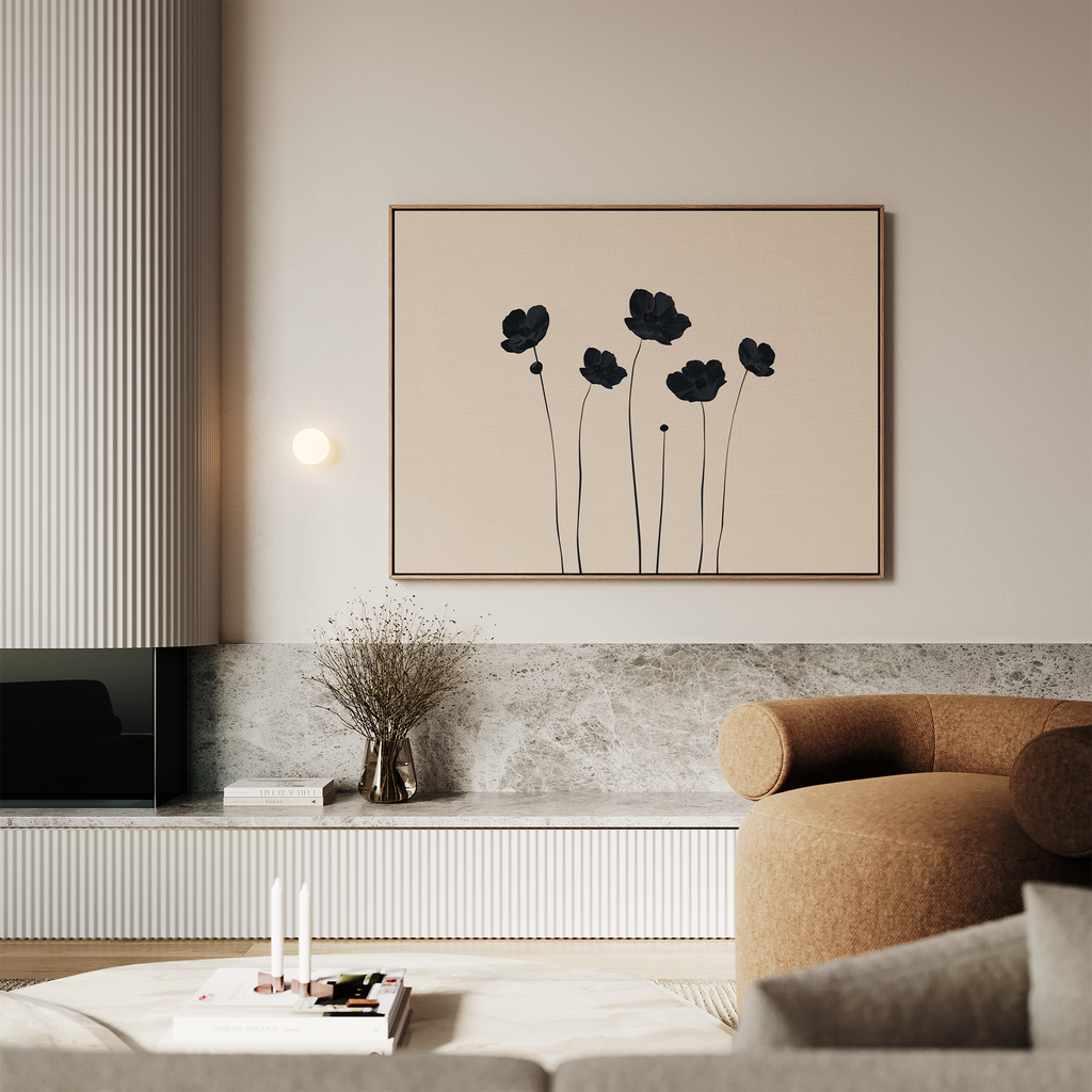 A modern living room features a beige sofa, a marble-topped console, a vase with dried flowers, and the Botanic Abstract Canvas Art as wall decor above the console. Warm lighting enhances the cozy ambiance.